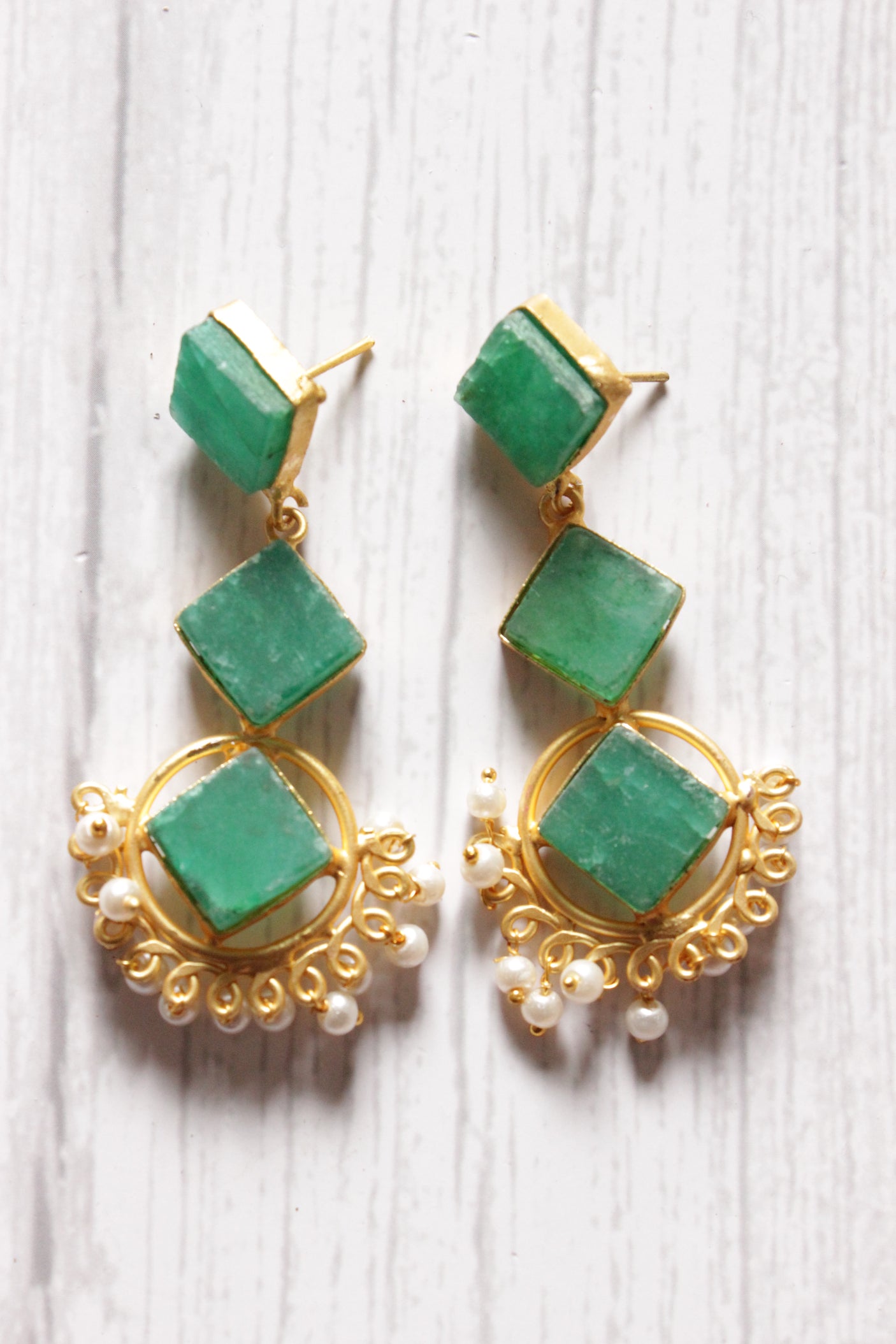 3 Layer Sea Green Natural Stones Embedded Brass Dangler Earrings Embellished with White Beads