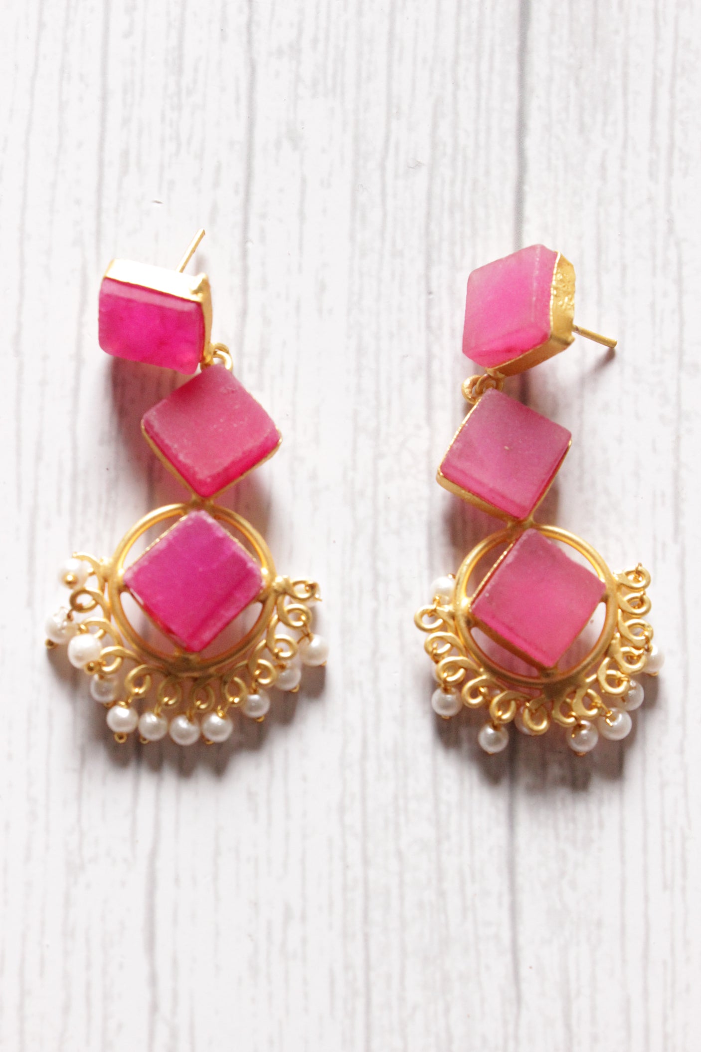 3 Layer Pink Natural Stones Embedded Brass Dangler Earrings Embellished with White Beads