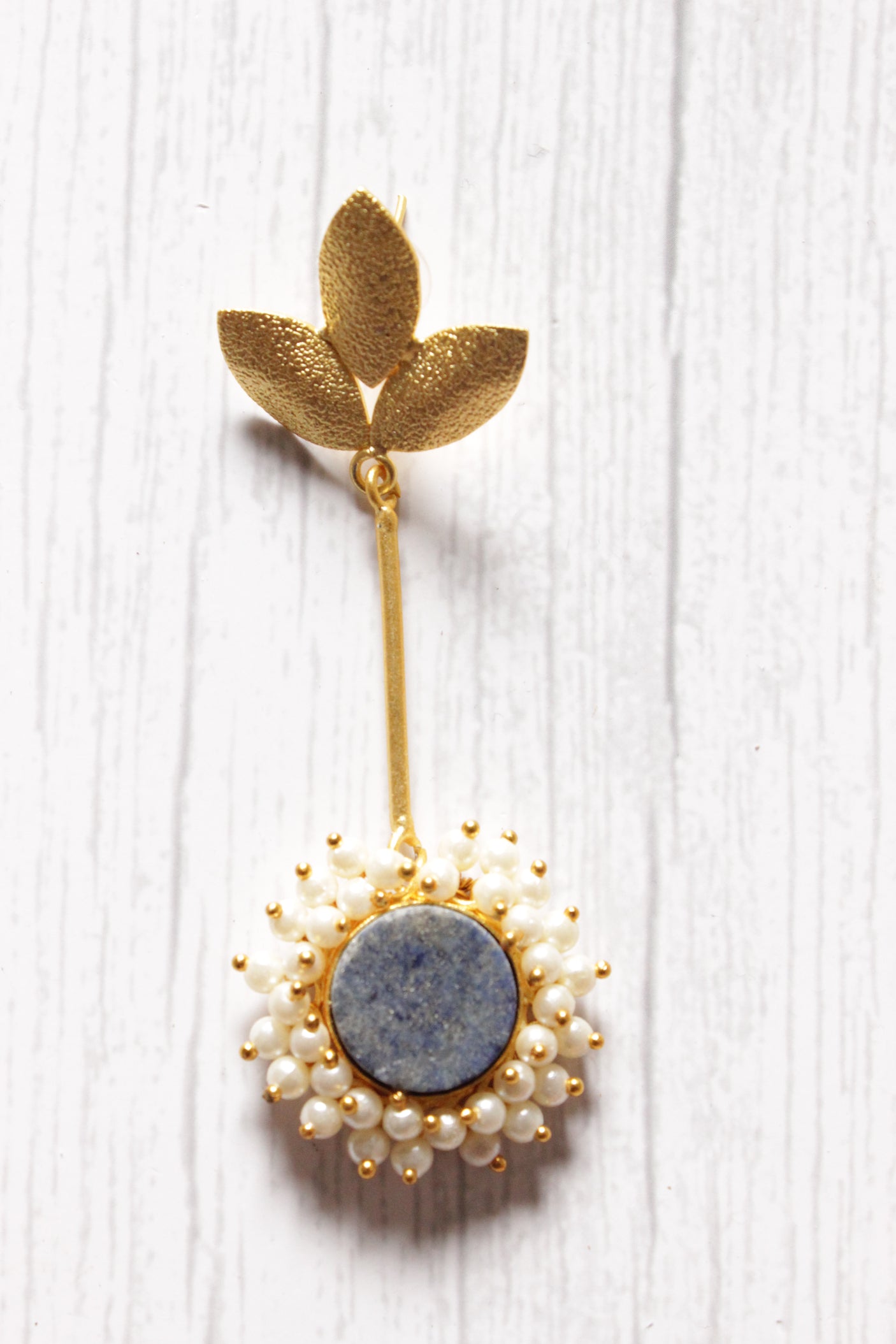 Grey Natural Stones Embedded Brass Dangler Earrings Embellished with White Beads