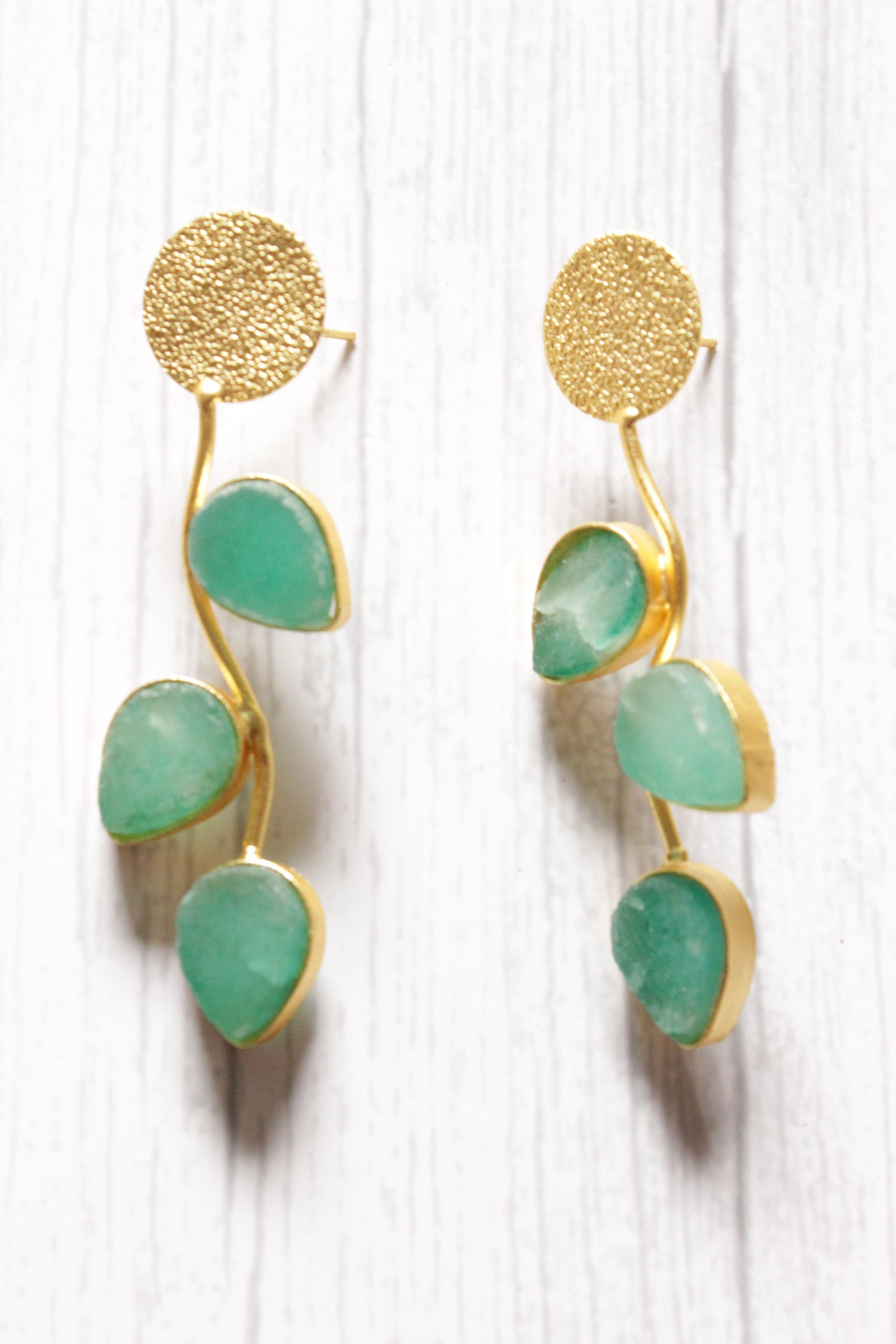 Leaf Motif Turquoise Natural Stones Embedded Brass Dangler Earrings