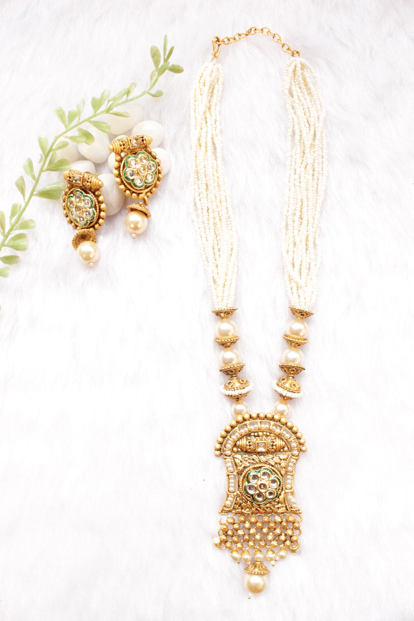 Kundan Stones Embedded Matt Gold Finish Multi-Layer White Beads Necklace Set