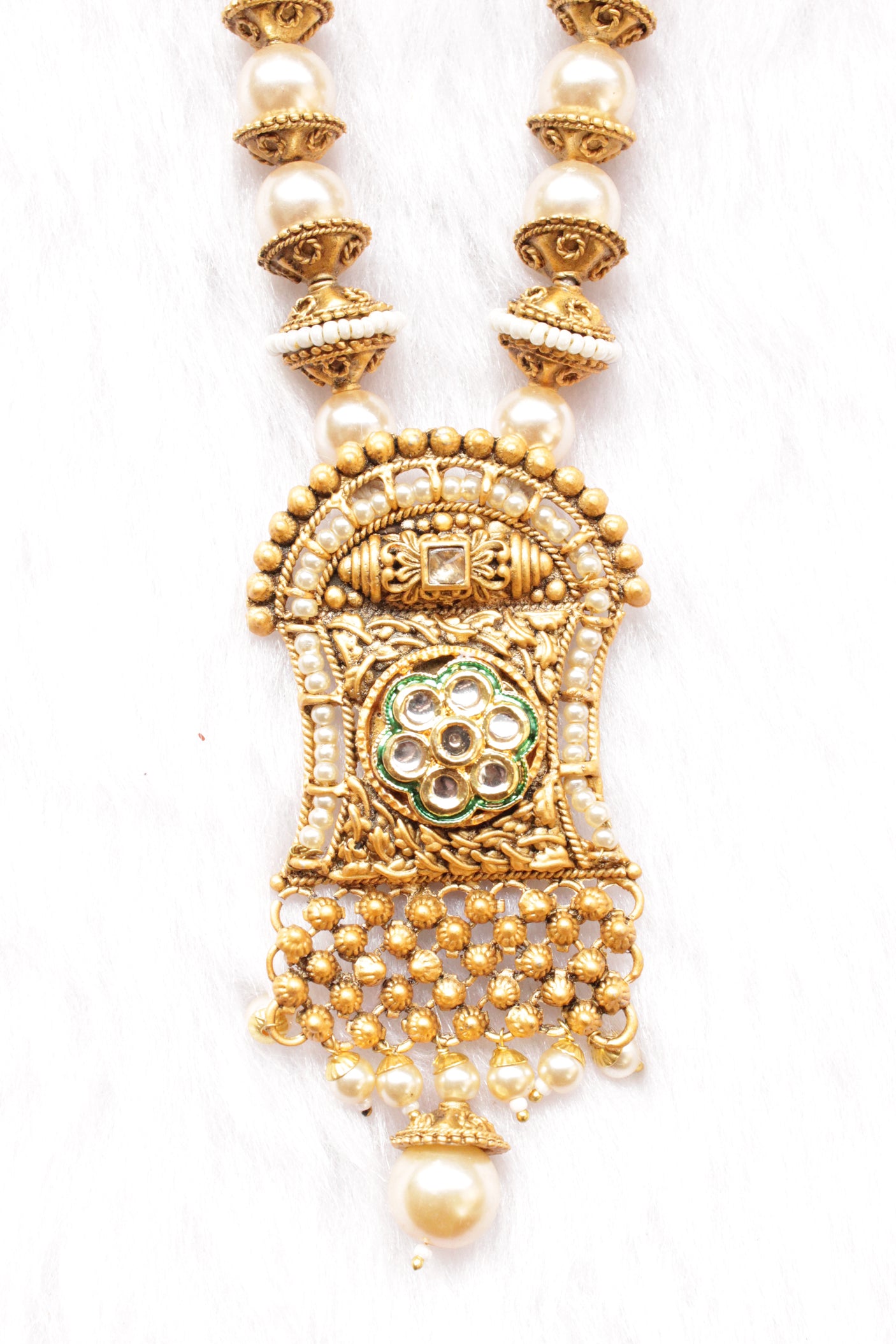 Kundan Stones Embedded Matt Gold Finish Multi-Layer White Beads Necklace Set