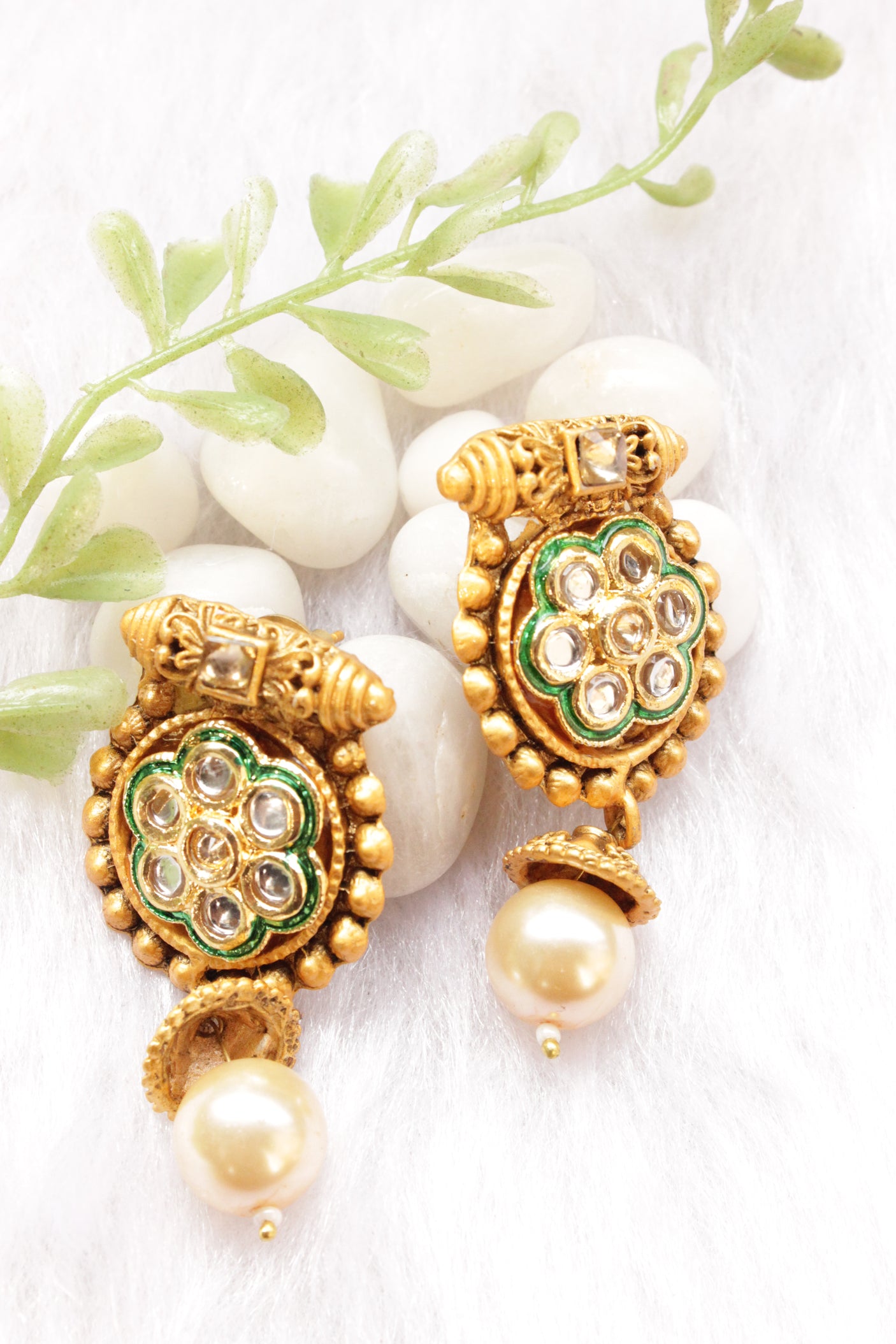 Kundan Stones Embedded Matt Gold Finish Multi-Layer White Beads Necklace Set