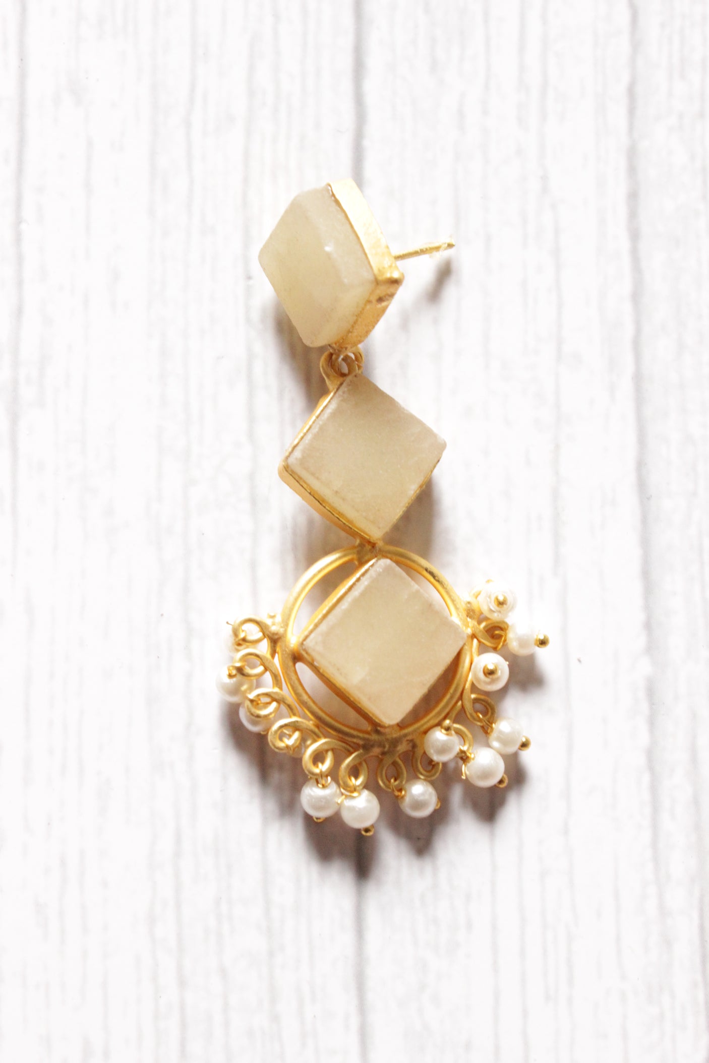 3 Layer Ivory Natural Stones Embedded Brass Dangler Earrings Embellished with White Beads