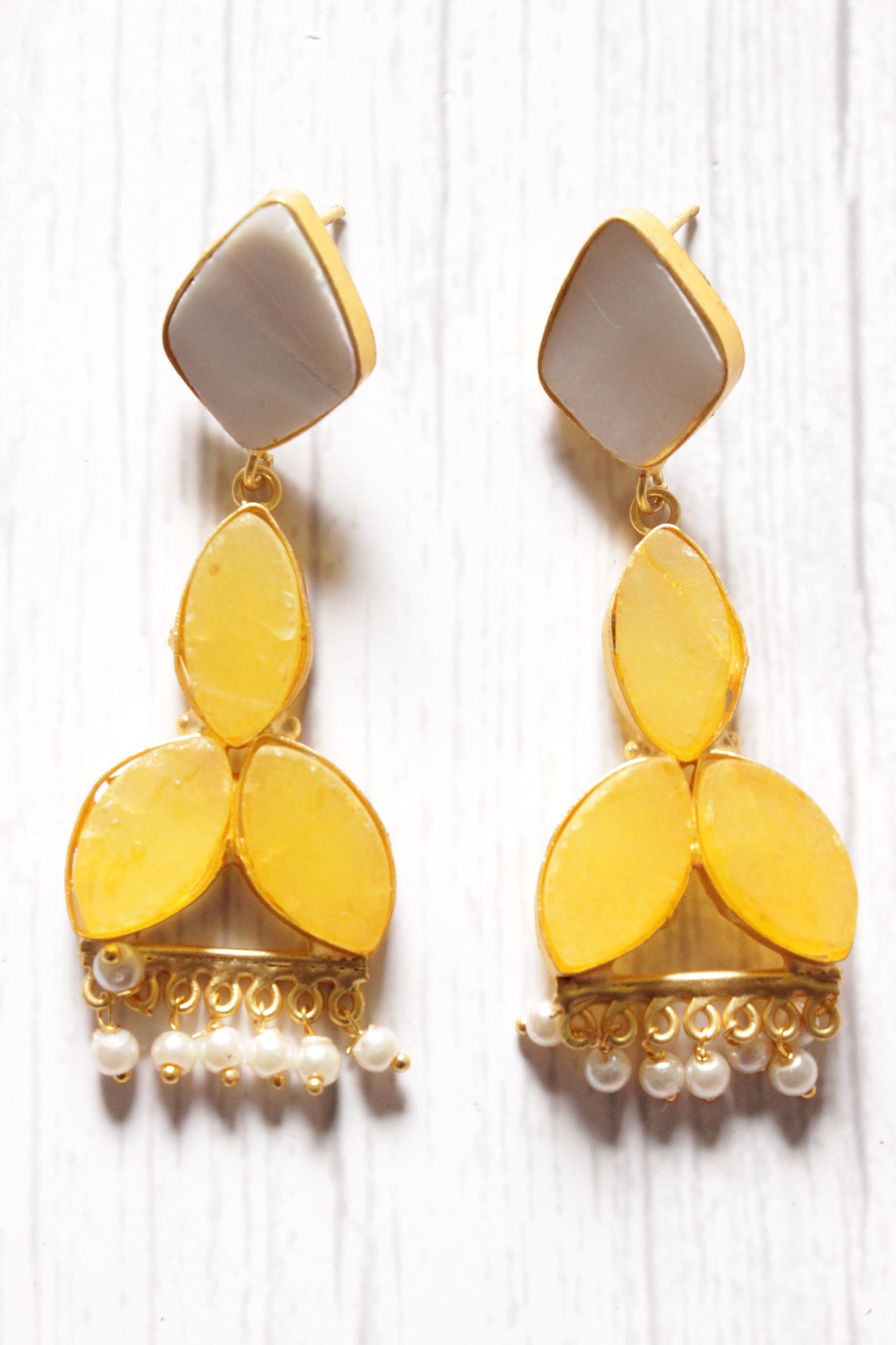 Teardrop Lemon Yellow & Grey Natural Stones Embedded Brass Dangler Earrings