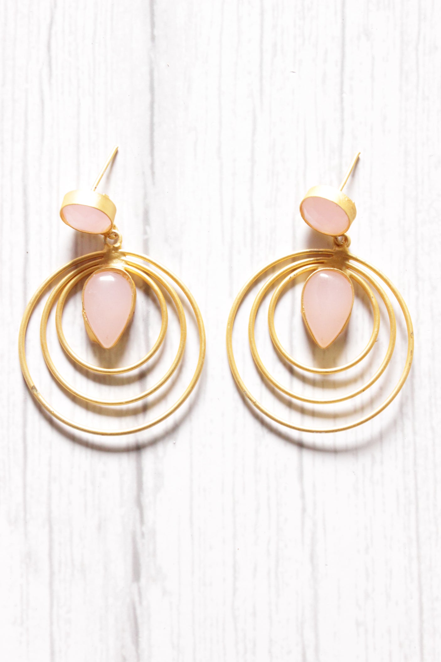 Concentric Circles Baby Pink Natural Stones Embedded Brass Dangler Earrings