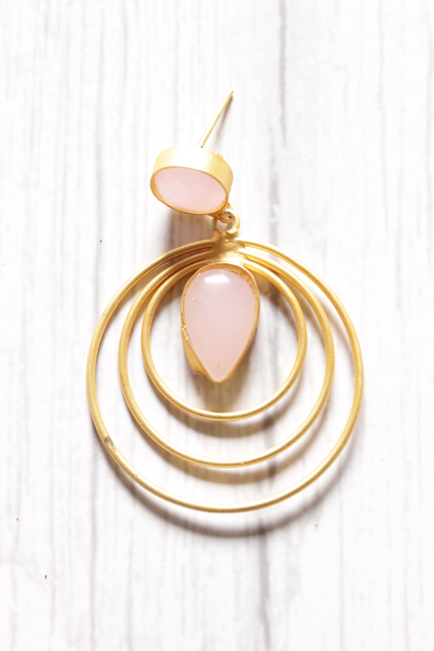Concentric Circles Baby Pink Natural Stones Embedded Brass Dangler Earrings