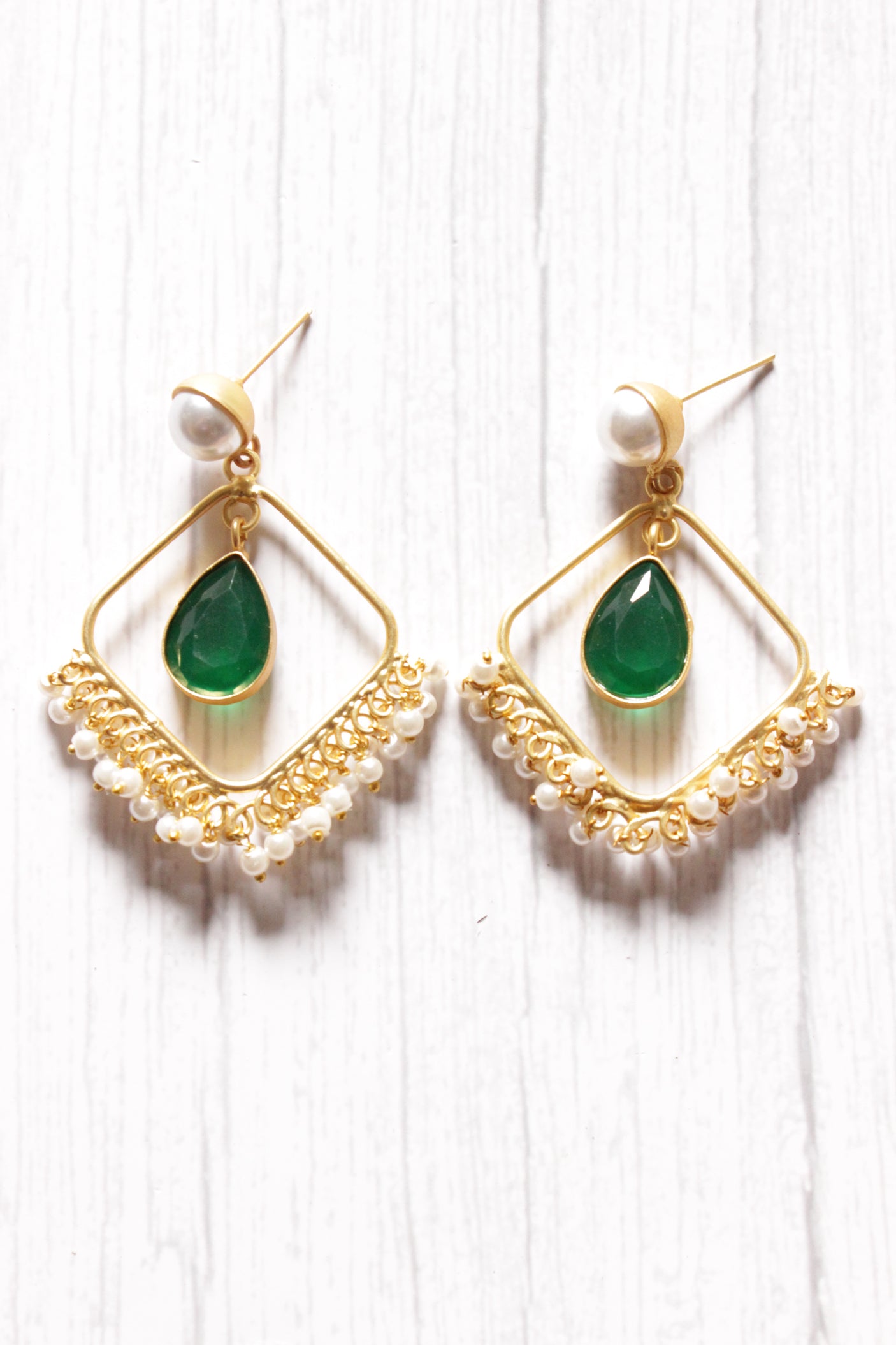 Square Green Onyx Natural Stones Embedded Brass Dangler Earrings Embellished with White Beads