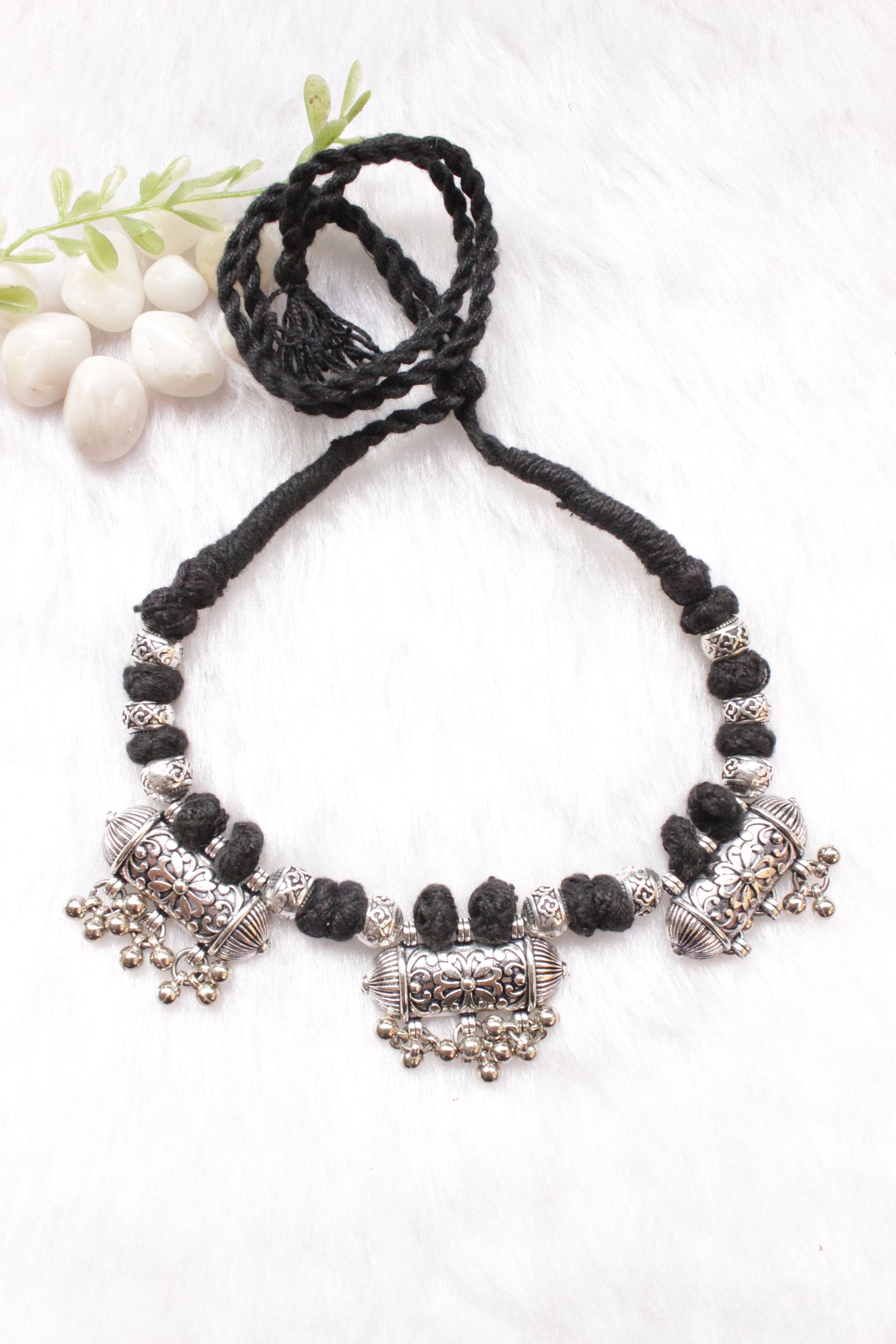 Oxidised Finish Metal Charms Braided with Fabric Beads Adjustable Length Choker Necklace
