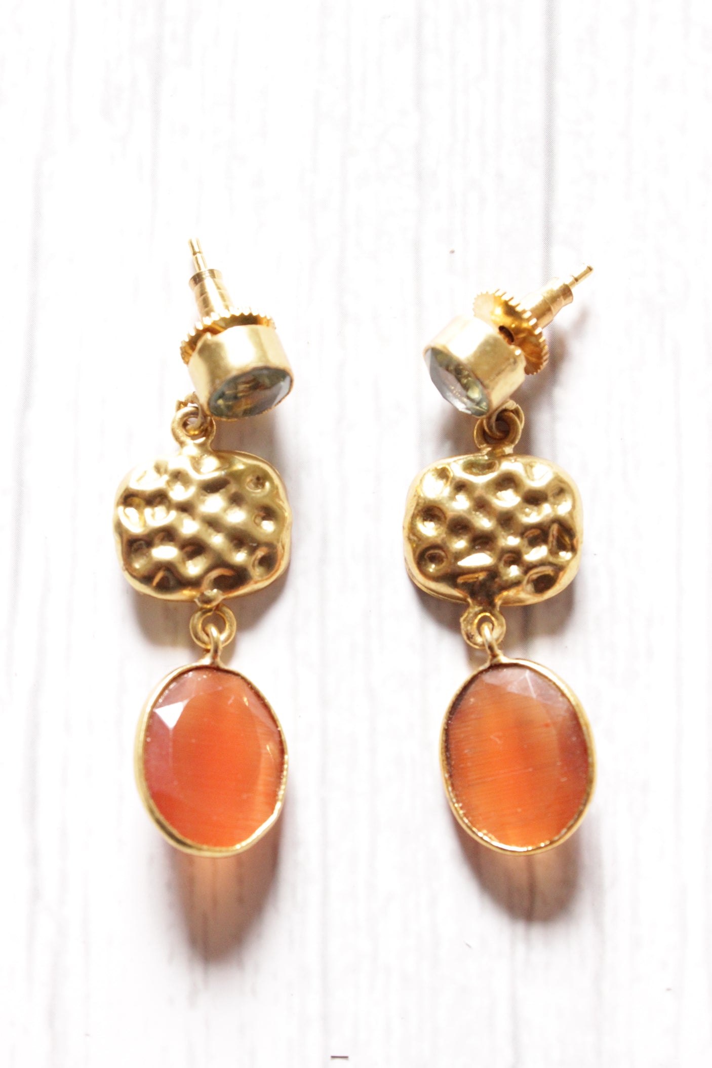 Orange Natural Stones Embedded Brass Dangler Earrings