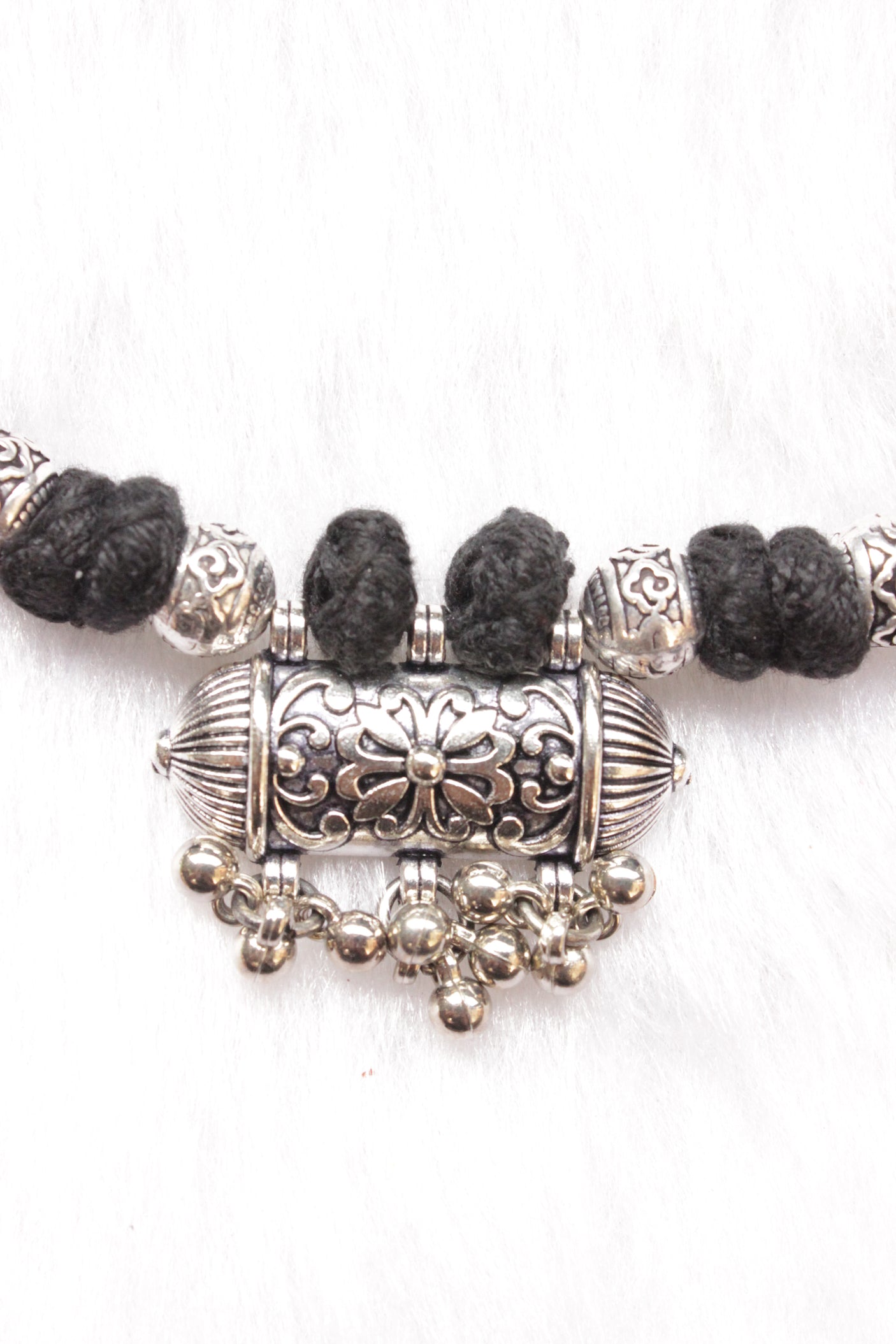 Oxidised Finish Metal Charms Braided with Fabric Beads Adjustable Length Choker Necklace