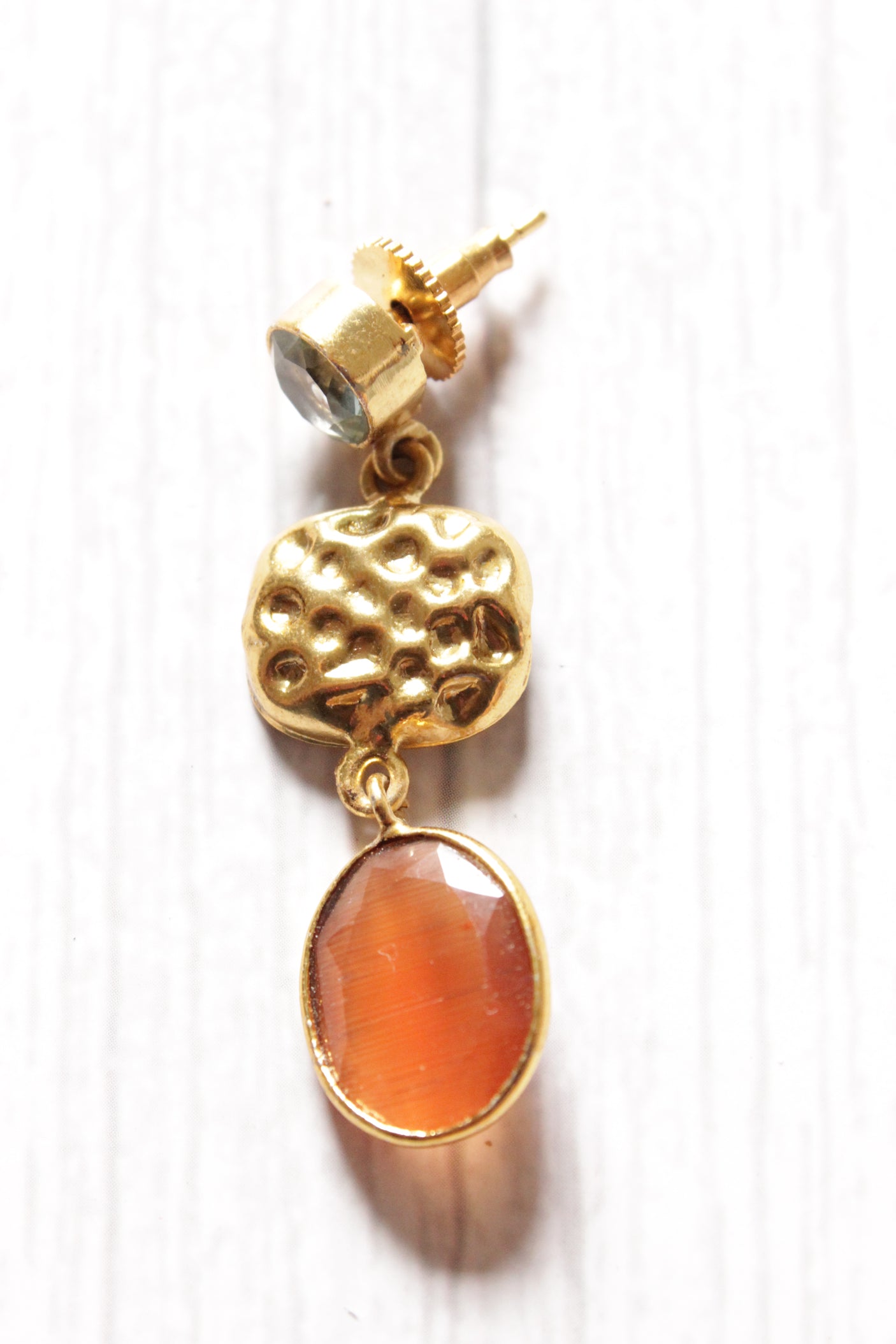Orange Natural Stones Embedded Brass Dangler Earrings