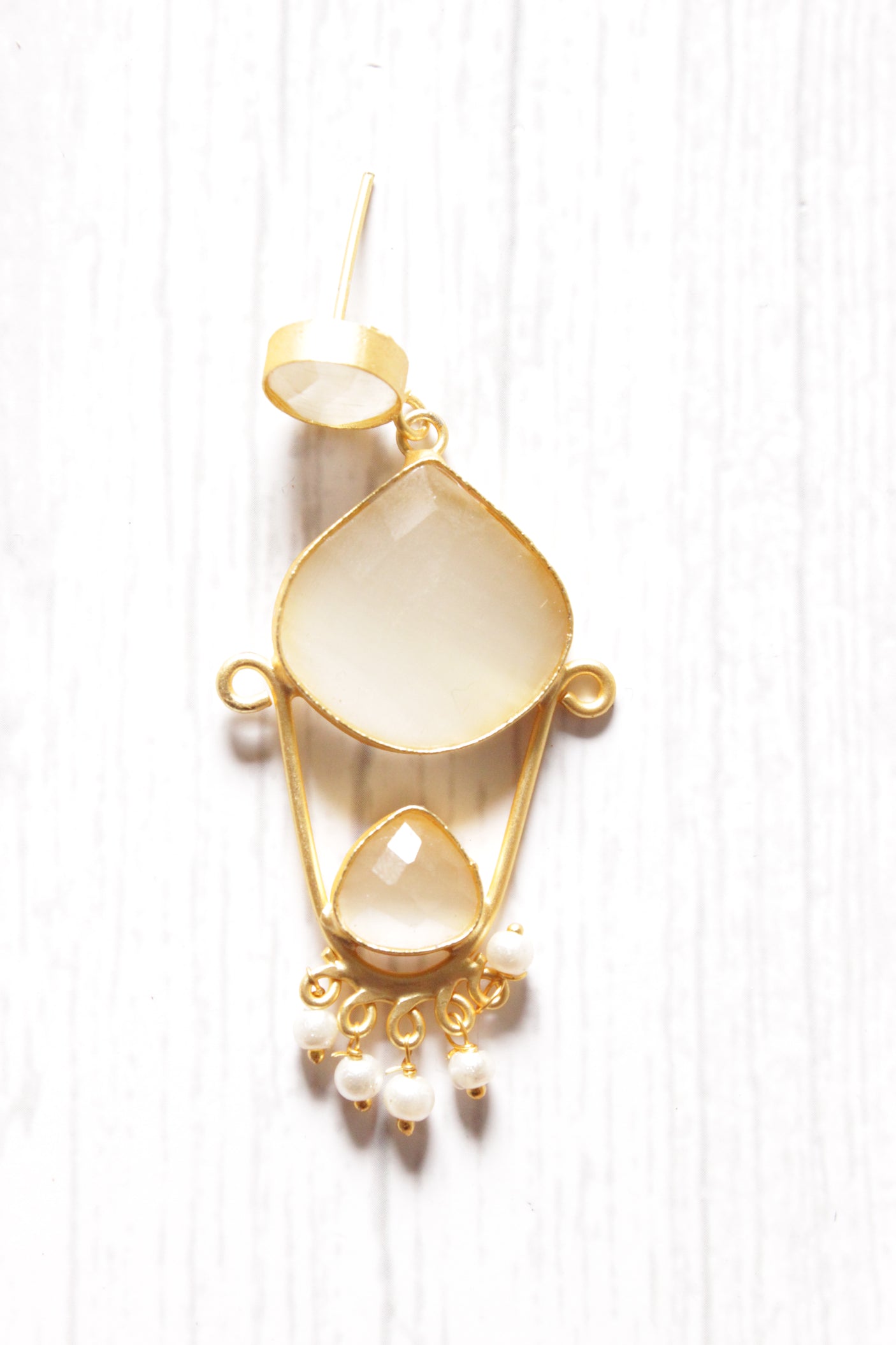 Off-White Natural Stones Embedded Contemporary Brass Dangler Earrings