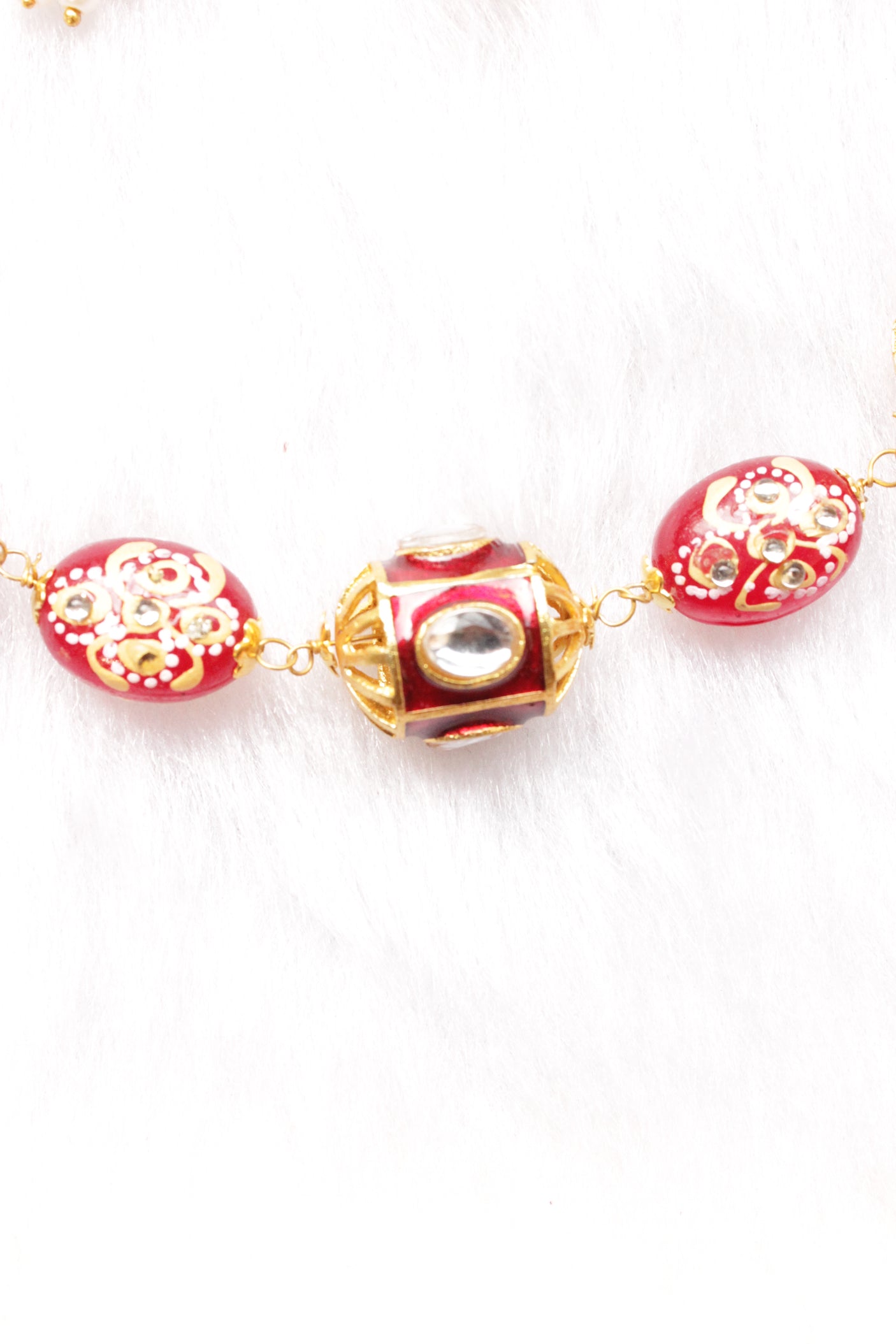 Hand Painted Meenakari Red Acrylic Beads Braised with Red Beads and Kundan Stones Embedded Necklace Set