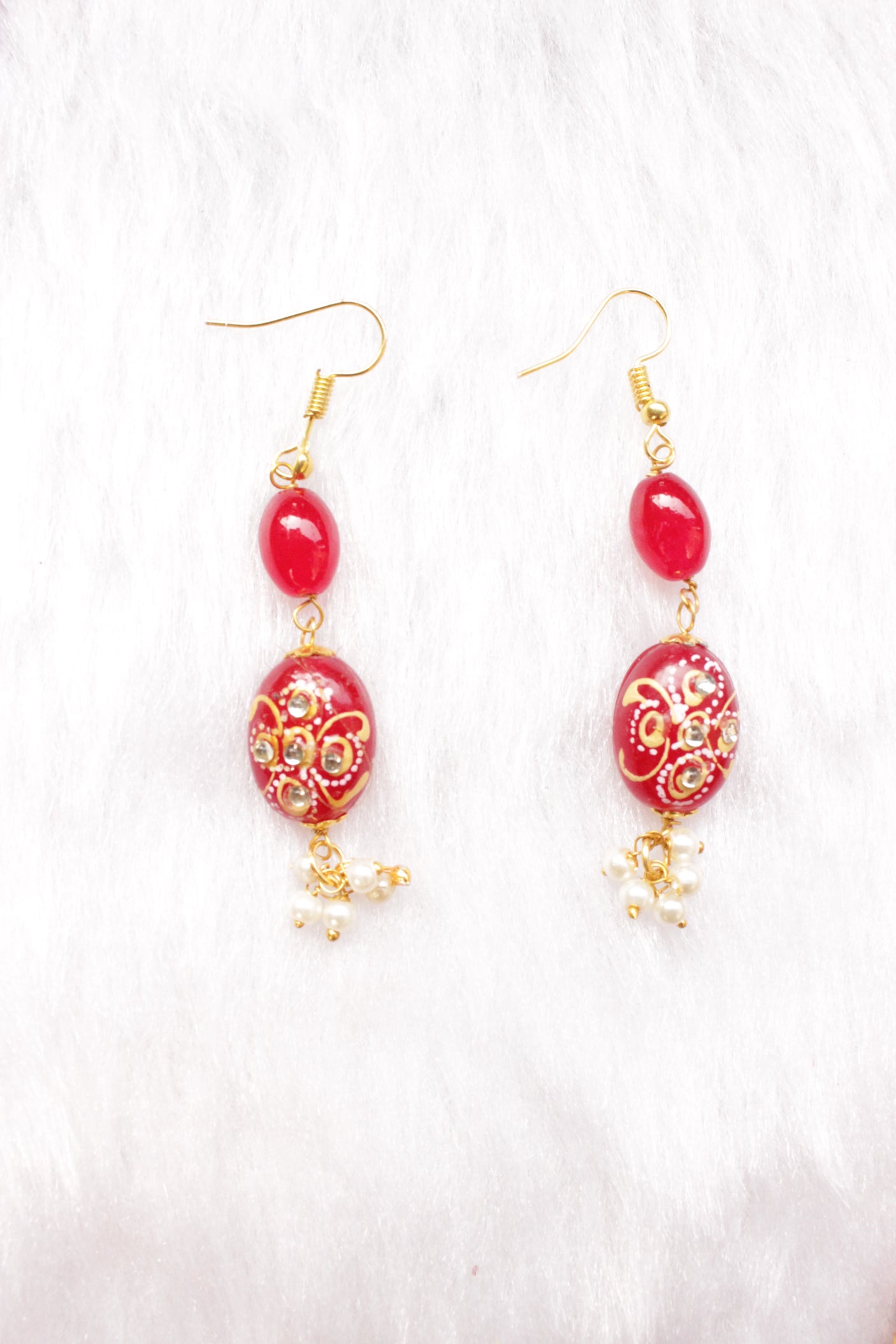 Hand Painted Meenakari Red Acrylic Beads Braised with Red Beads and Kundan Stones Embedded Necklace Set