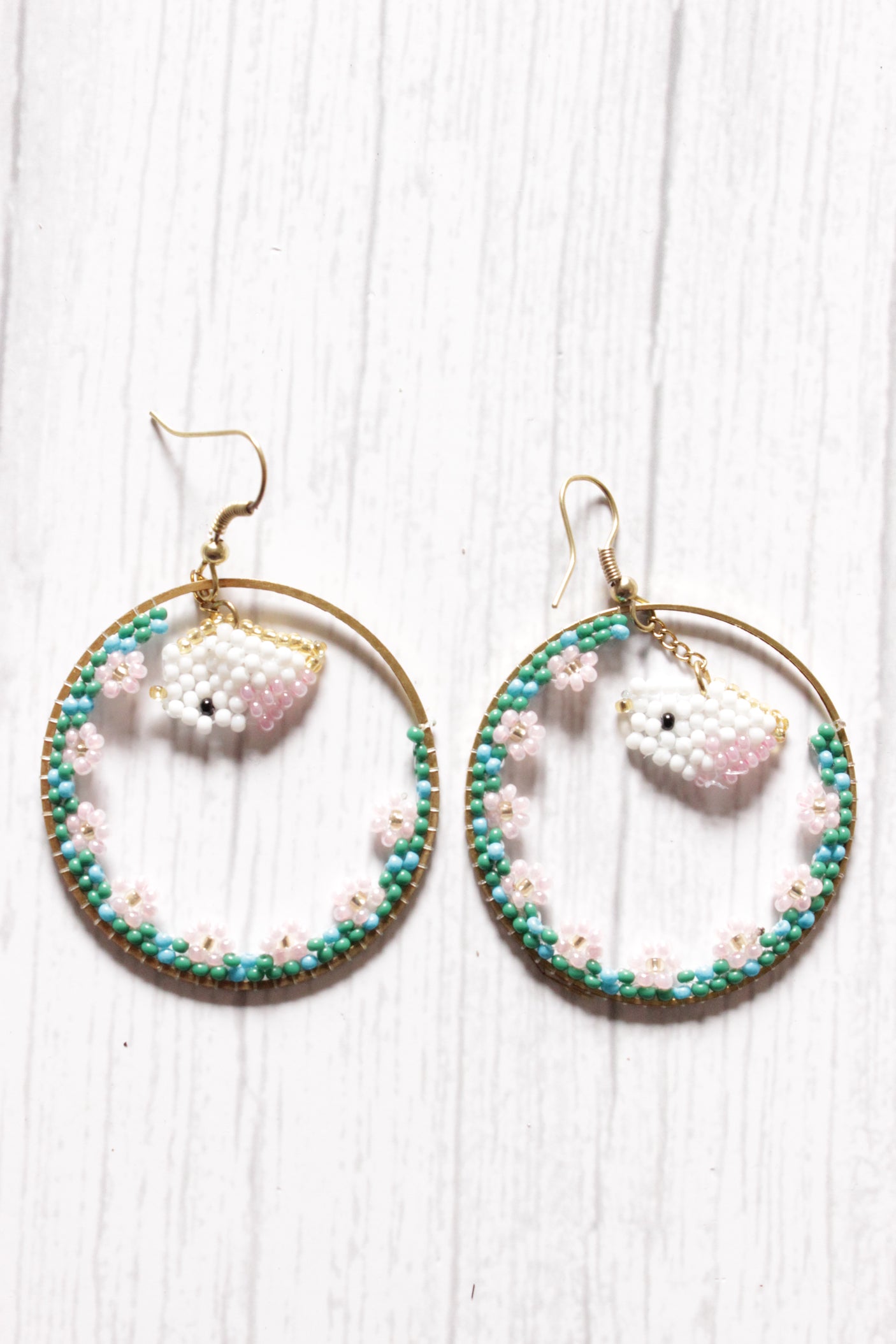 Handcrafted Flower Motifs Multi-Color Beaded Brass Hoop Earrings