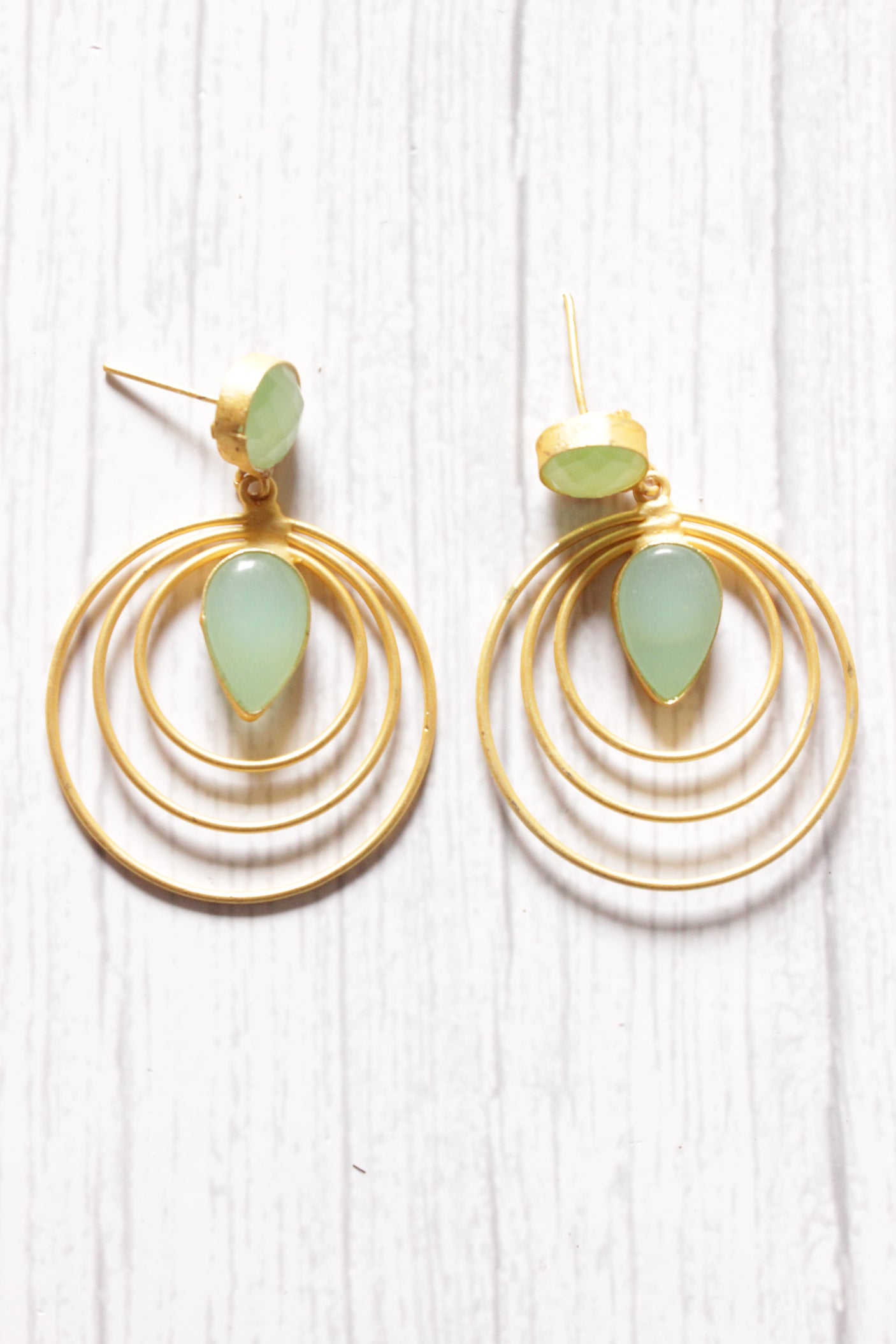 Concentric Circles Turquoise Natural Stones Embedded Brass Earrings