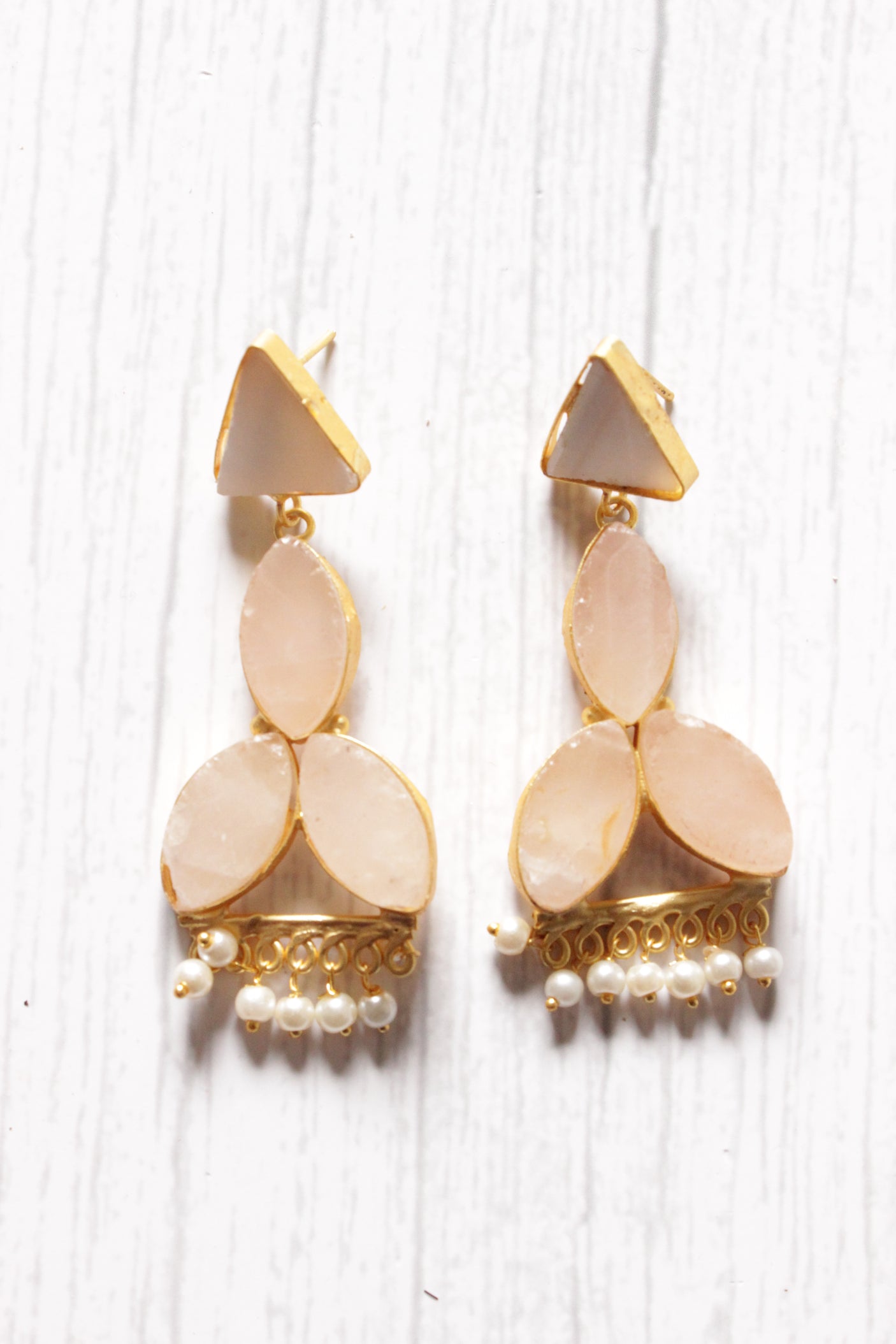 Baby Pink Natural Stones Embedded Teardrop Brass Dangler Earrings