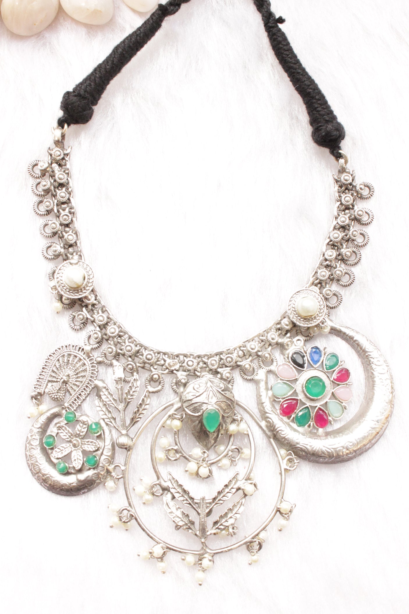 Multi-Color Gemstones Embedded Silver Finish Adjustable Length Choker Necklace