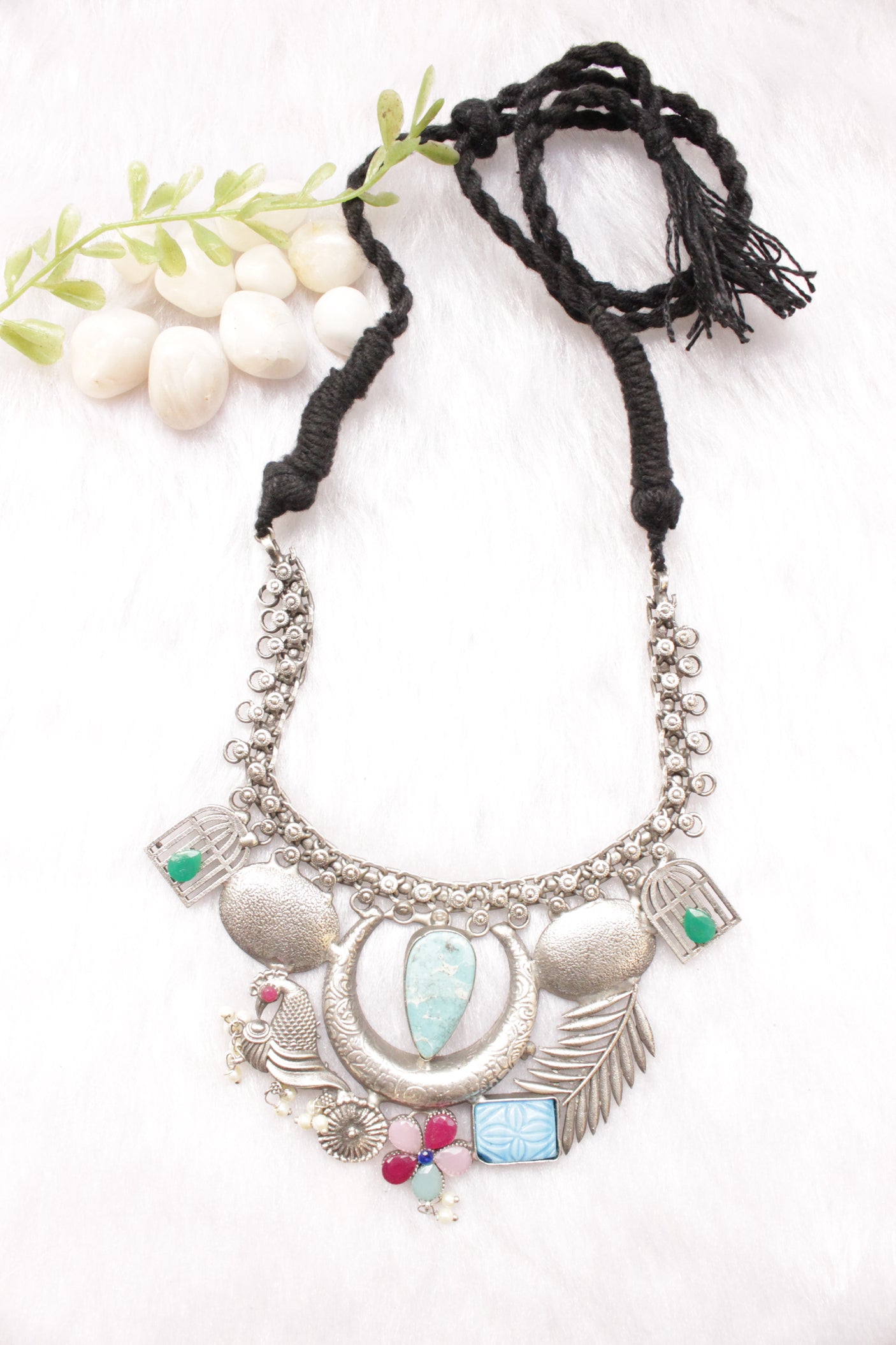 Turquoise Center Peice Raw Natural Gemstones Embedded Silver Finish Adjustable Length Choker Necklace