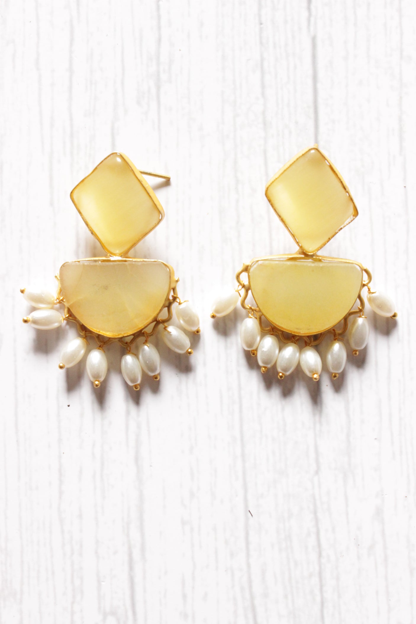 Lemon Yellow Natural Stones Embedded Brass Dangler Earrings