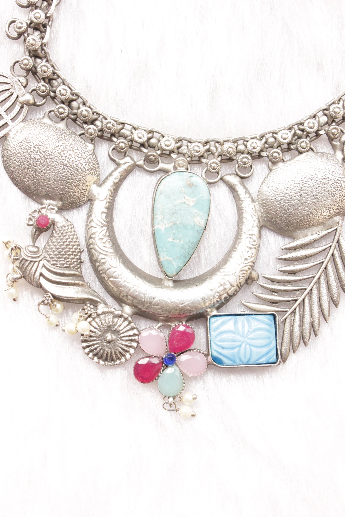 Turquoise Center Peice Raw Natural Gemstones Embedded Silver Finish Adjustable Length Choker Necklace