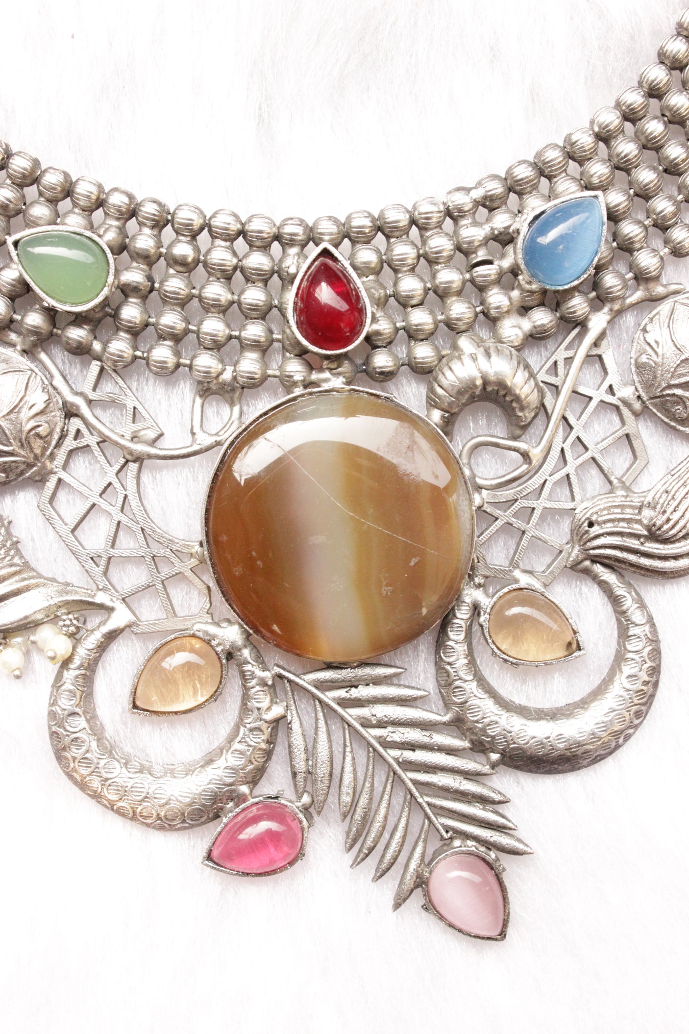 Birds and Leaf Motifs Multi-Color Gemstones Embedded Silver Finish Adjustable Length Choker Necklace