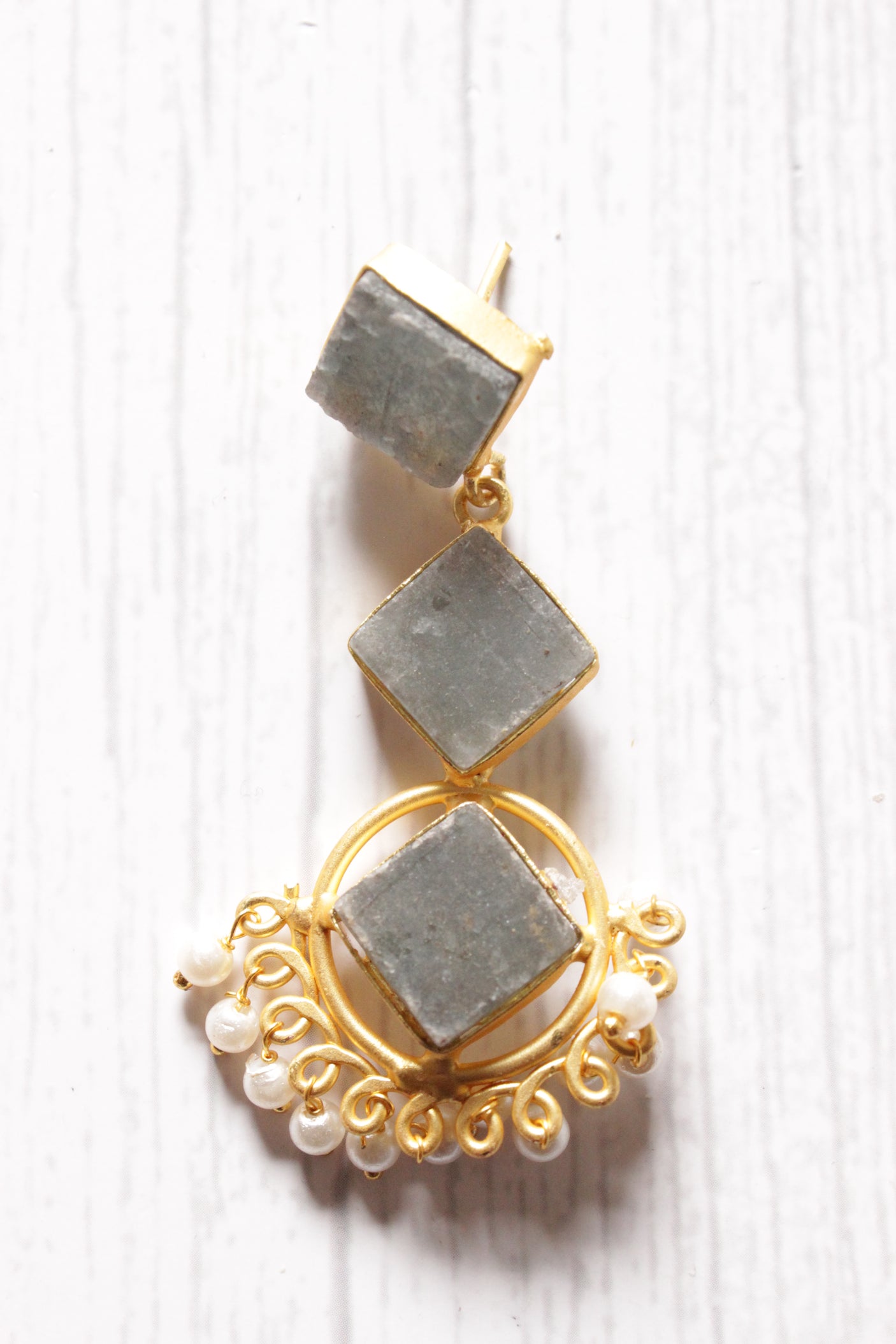 3 Layer Grey Teardrop Natural Stones Embedded Brass Dangler Earrings Embellished with White Beads