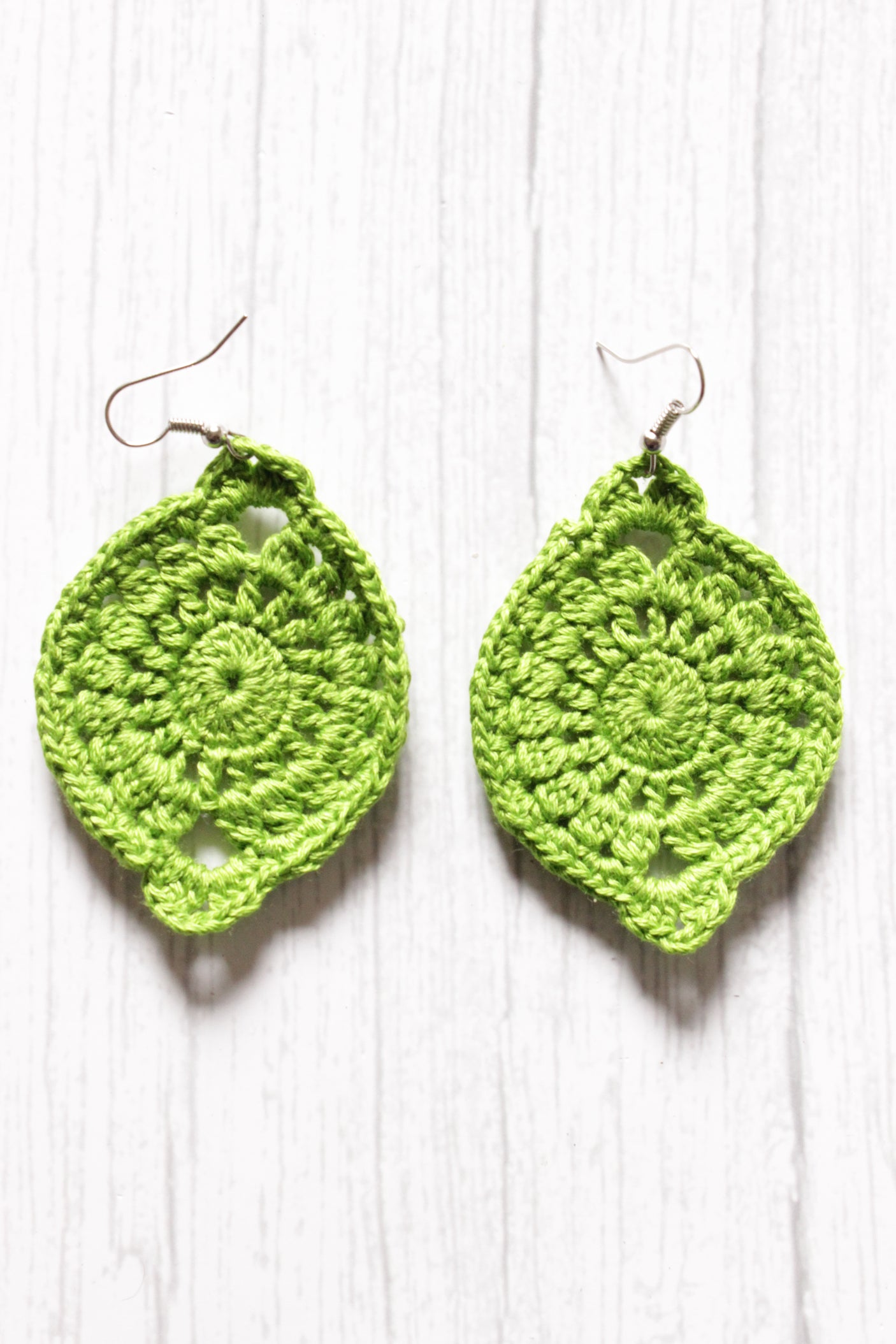 Green Jaali Pattern Handcrafted Crochet Earrings
