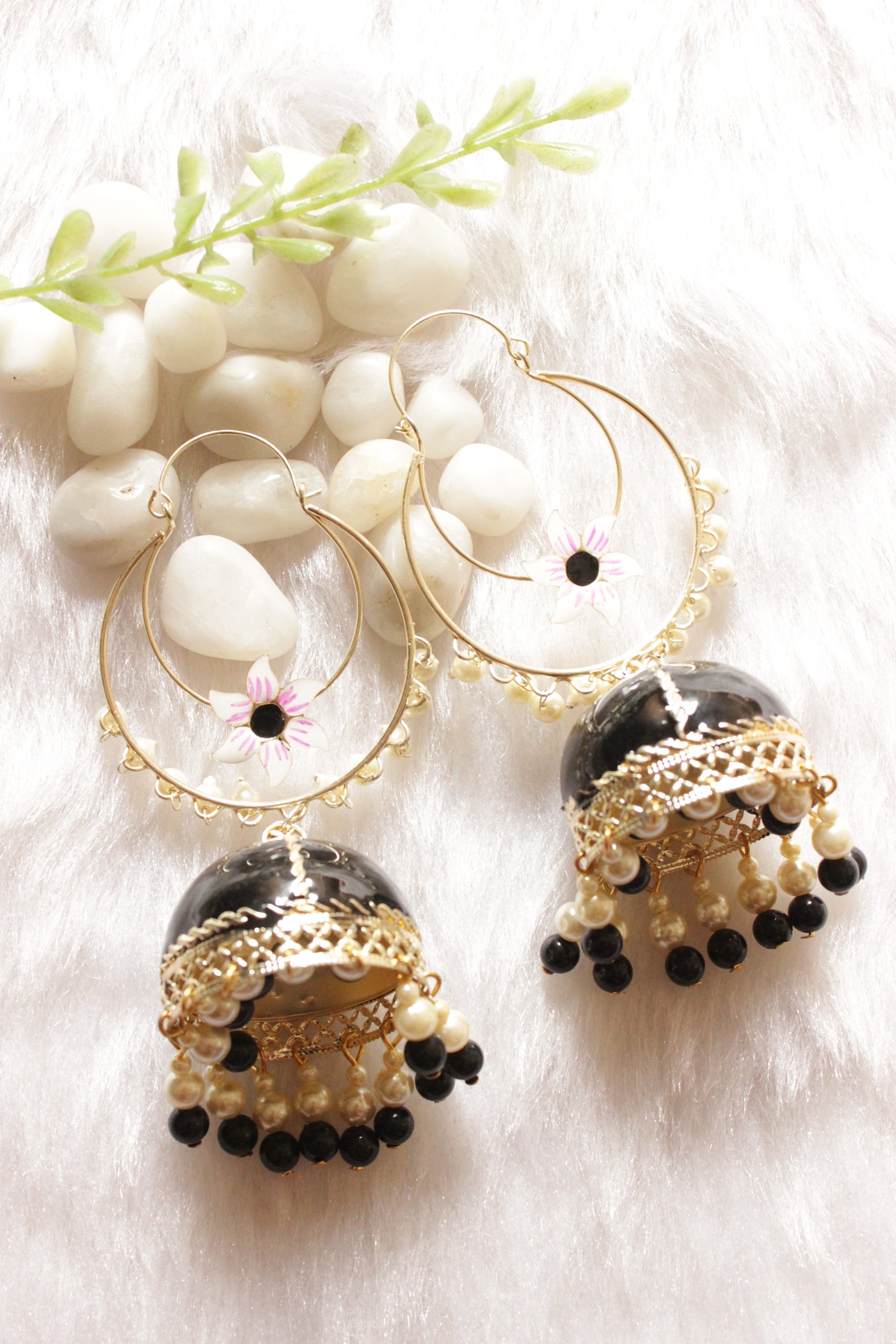 Black Hand Painted Meenakari Work Gold Toned Hoop Jhumka Earrings Accentuated with Beadsx