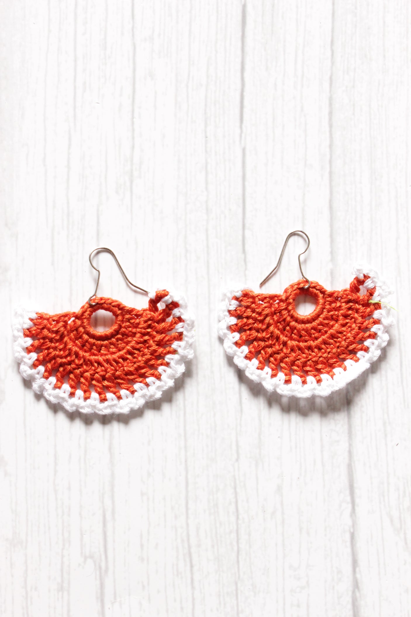 Orange & White Half Moon Shape Handcrafted Crochet Dangler Earrings