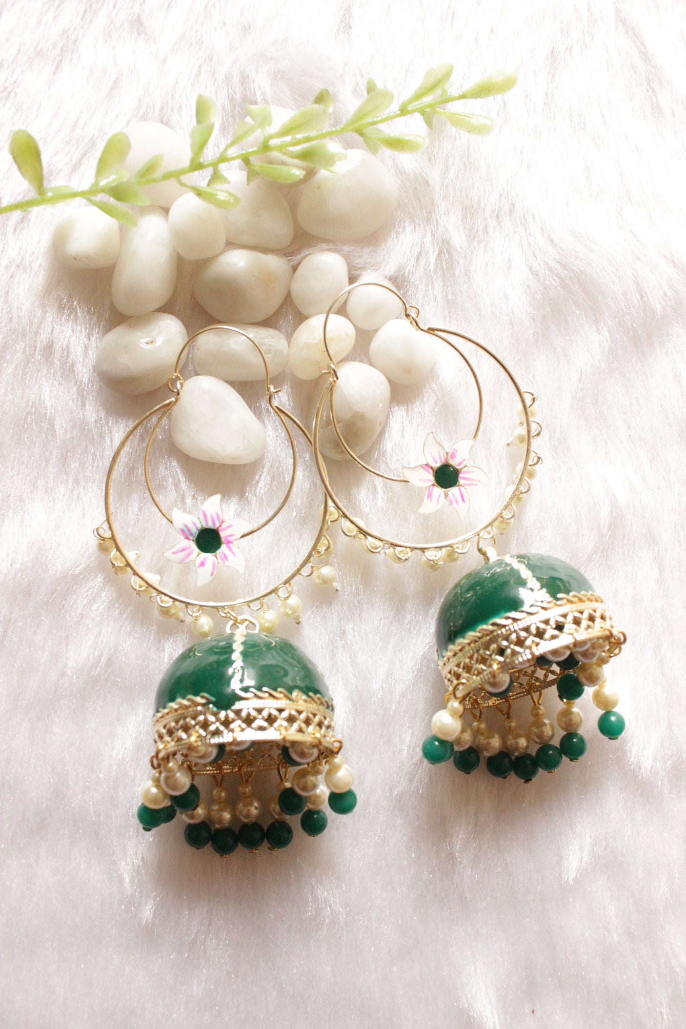 Bottle Green Hand Painted Meenakari Work Gold Toned Hoop Jhumka Earrings Accentuated with Beads