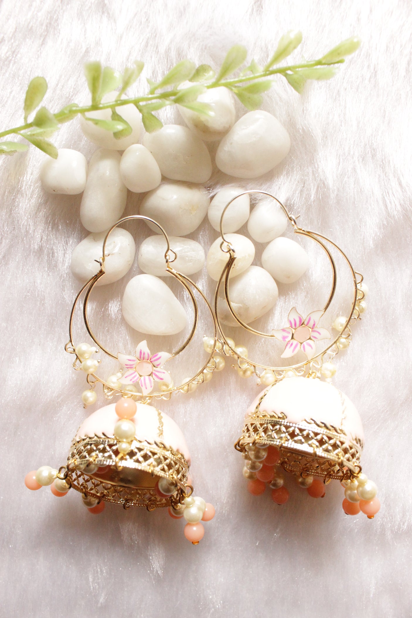 Peach Hand Painted Meenakari Work Gold Toned Hoop Jhumka Earrings Accentuated with Beads
