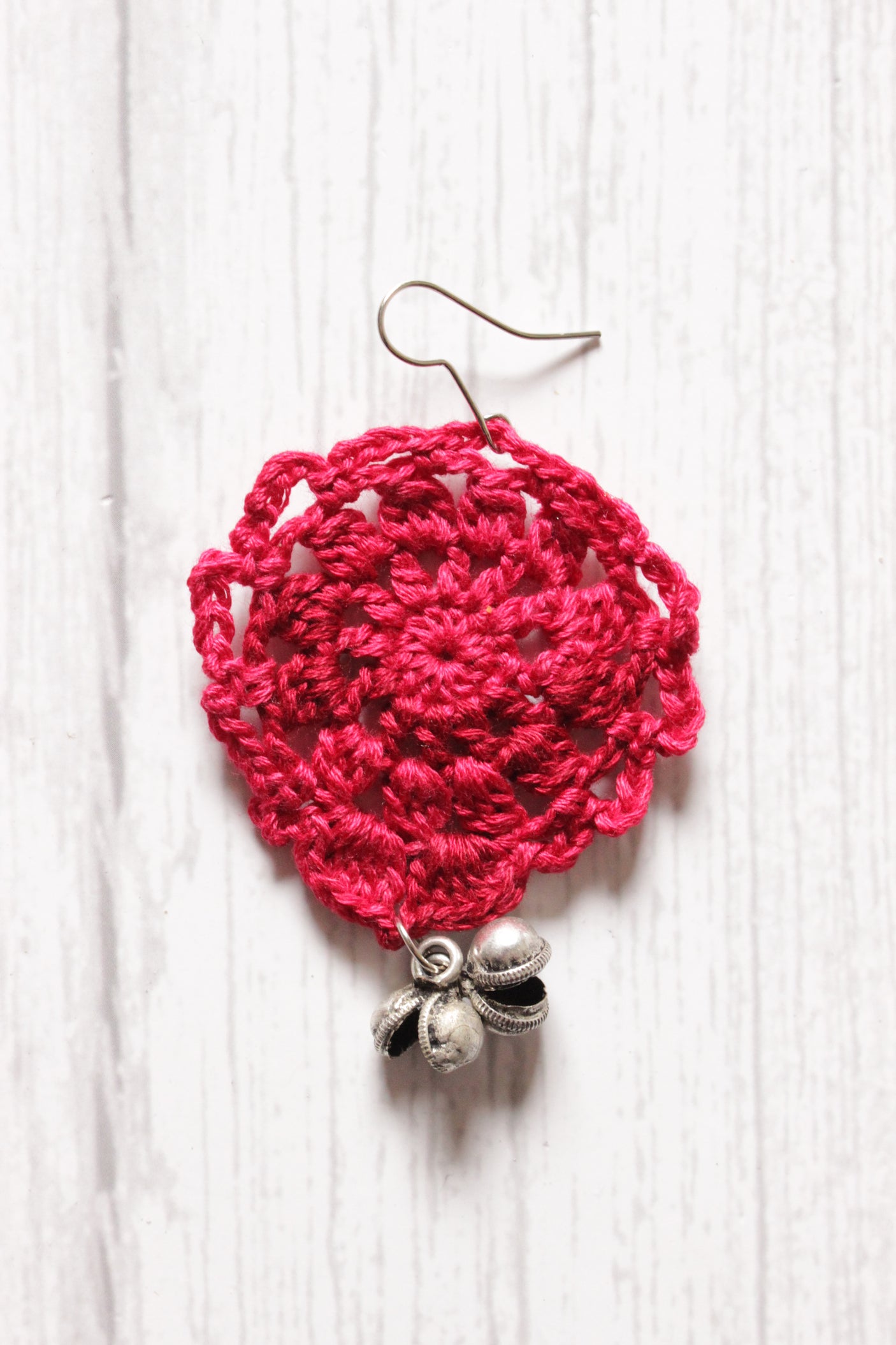 Pink Jaali Pattern Handcrafted Crochet Dangler Earrings Embellished with Ghungroo Beads