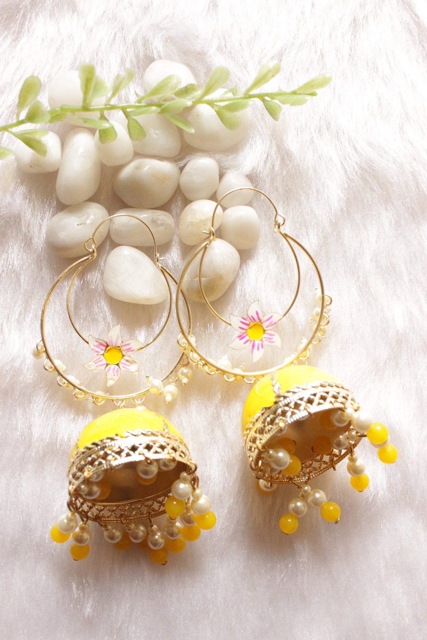 Sun Yellow Hand Painted Meenakari Work Gold Toned Hoop Jhumka Earrings Accentuated with White and Yellow Beads