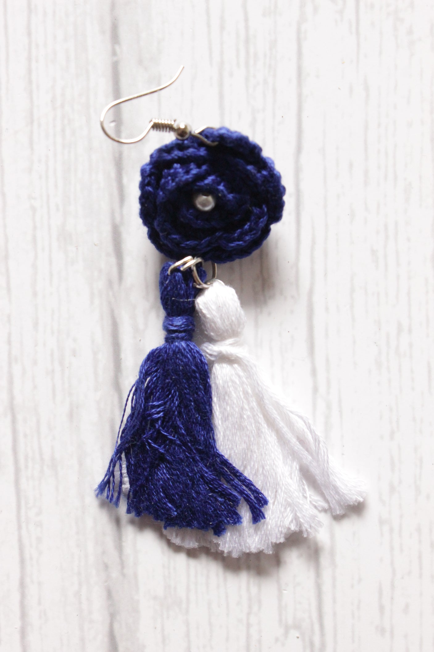 Blue and White Handcrafted Crochet Dangler Earrings