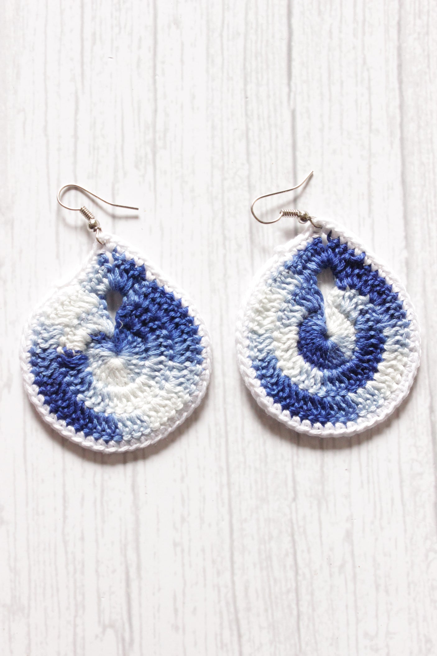 Blue and White Handcrafted Tear Drop Shape Crochet Dangler Earrings