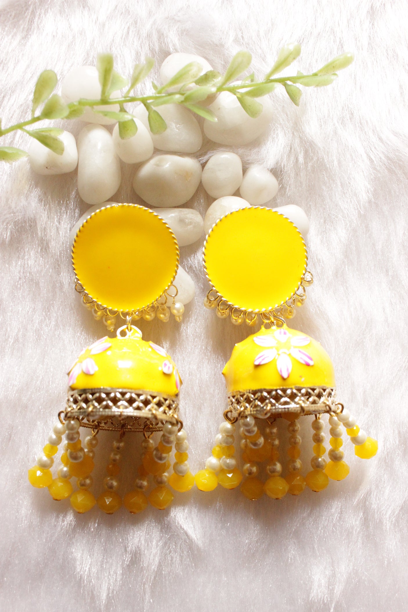 Sun Yellow Red Blue Hand Painted Meenakari Work Gold Toned Hoop Jhumka Earrings Accentuated Stringed Beads Danglers