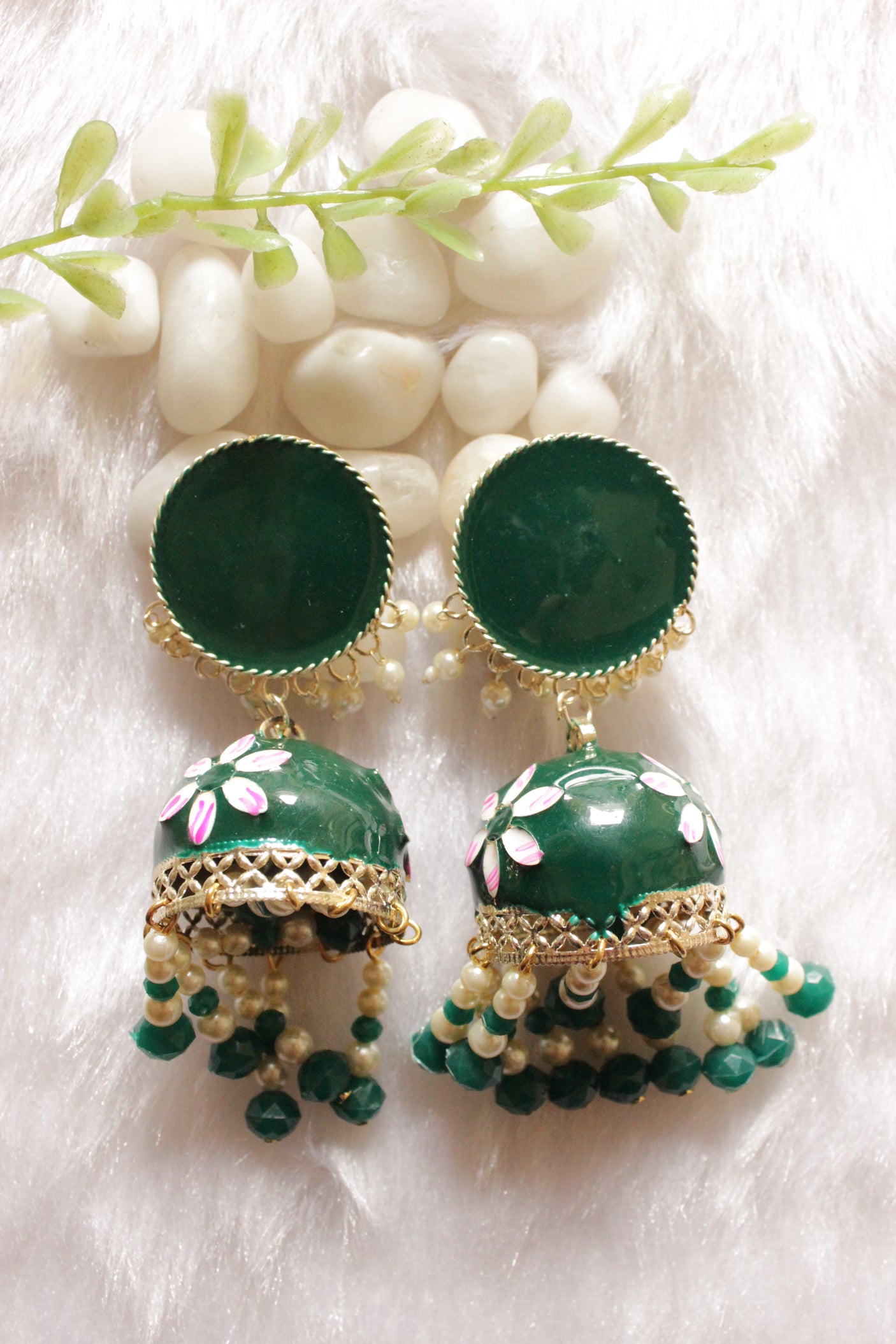 Bottle Green Hand Painted Meenakari Work Gold Toned Hoop Jhumka Earrings Accentuated Stringed Beads Danglers