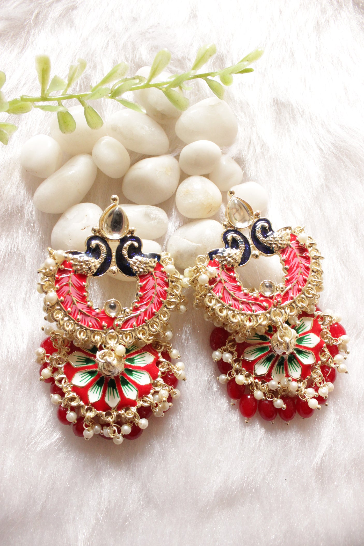 Vibrant Red Hand Painted Meenakari Work Statement Jhumka Earrings Accentuated with White and Red Beads