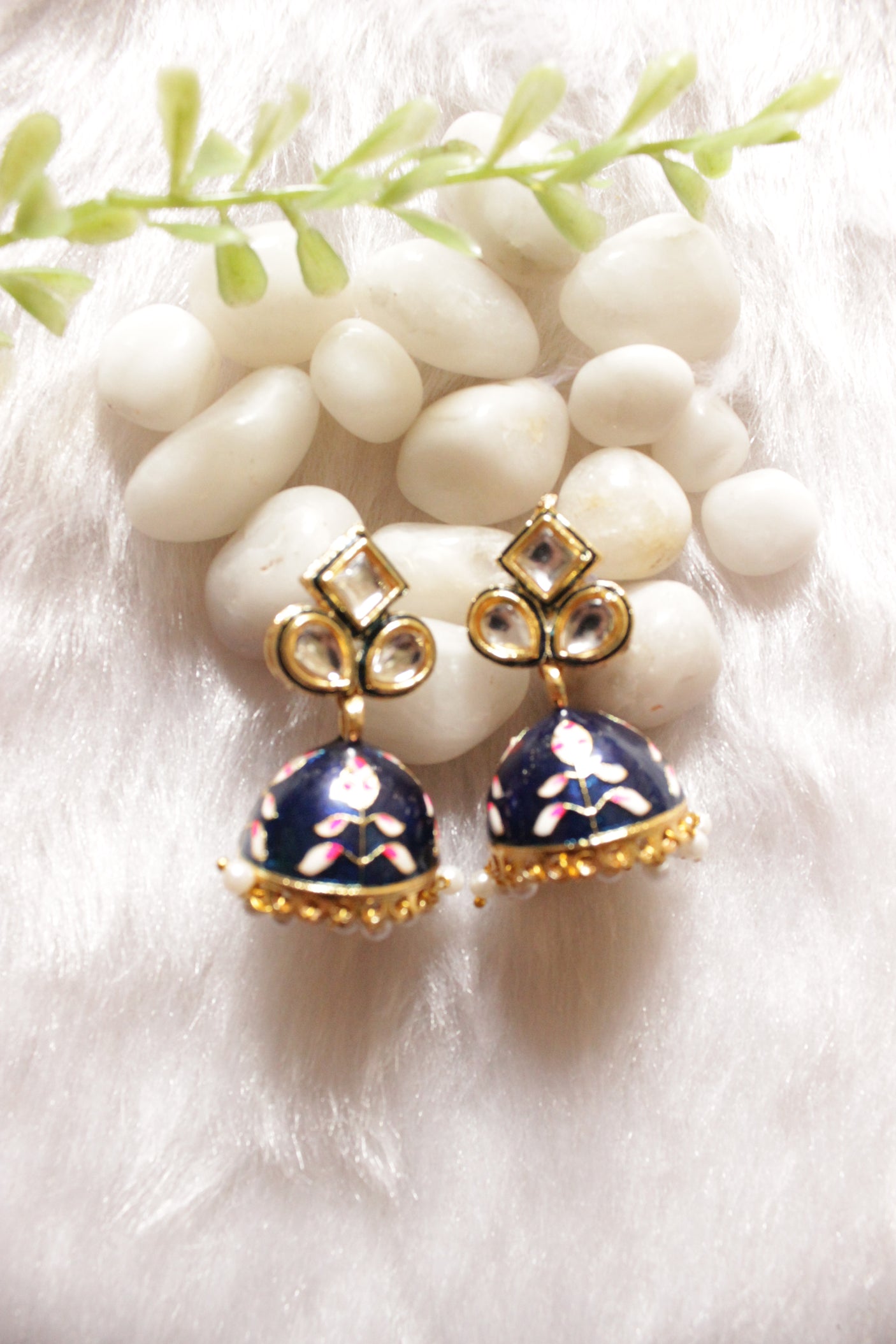 Kundan Stones Embedded Royal Blue Hand Painted Meenakari Work Jhumka Earrings