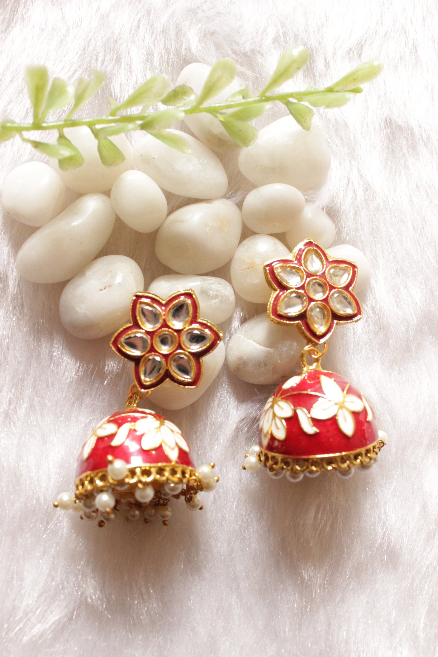 Kundan Stones Embedded Red Hand Painted Meenakari Work Jhumka Earrings