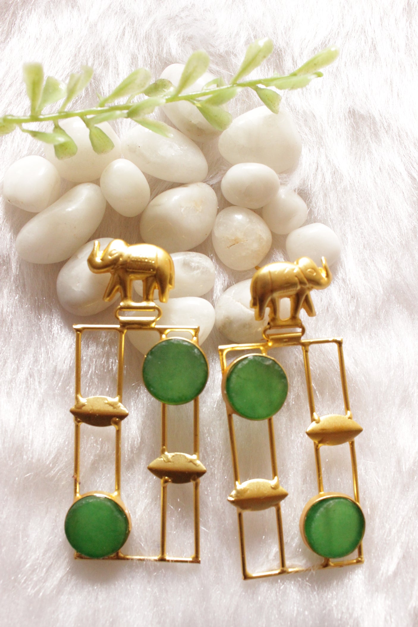 Elephant Motif Green Raw Natural Gemstones Embedded Gold Finish Brass Earrings