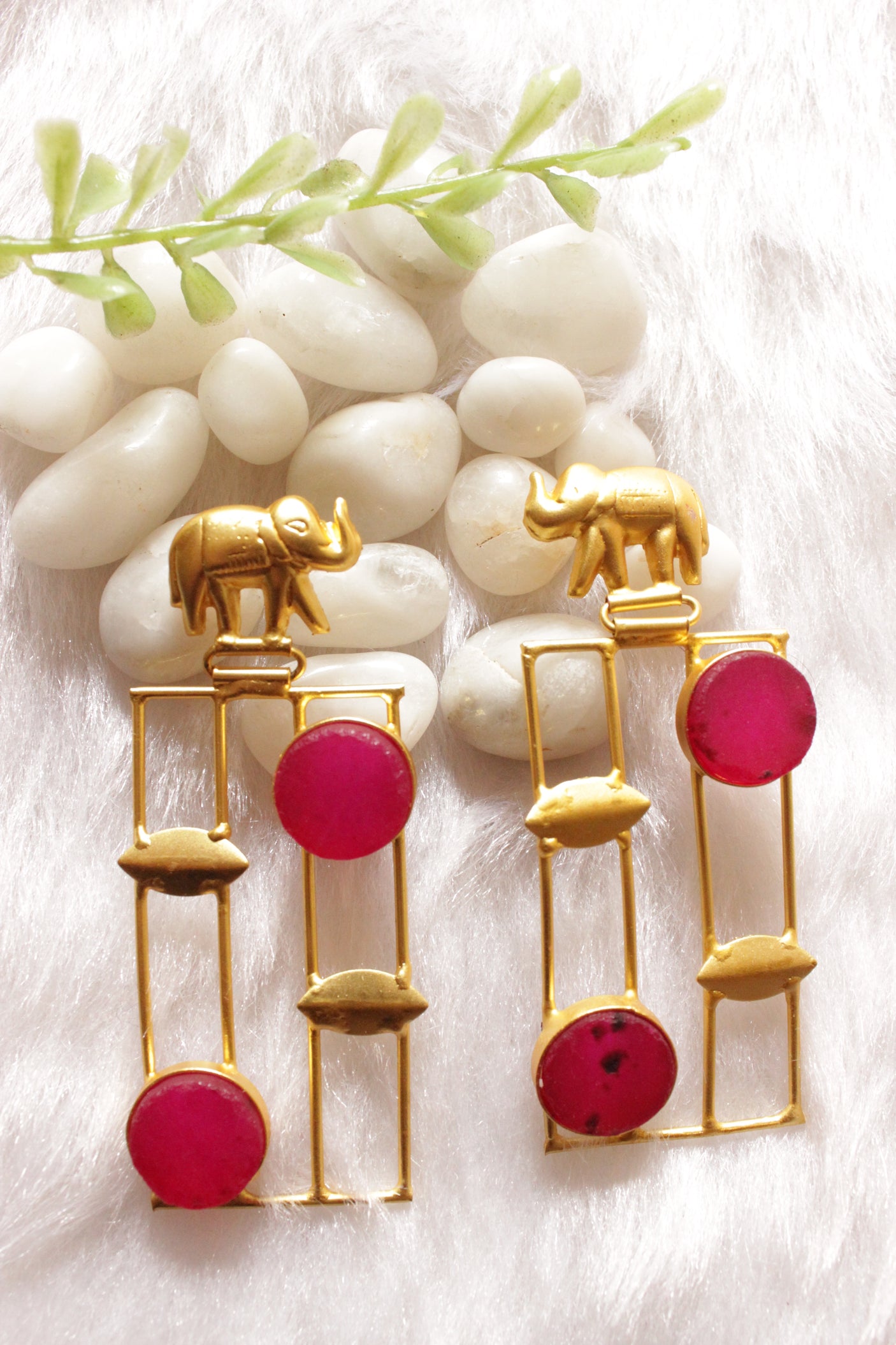 Elephant Motif Pink Raw Natural Gemstones Embedded Gold Finish Brass Earrings