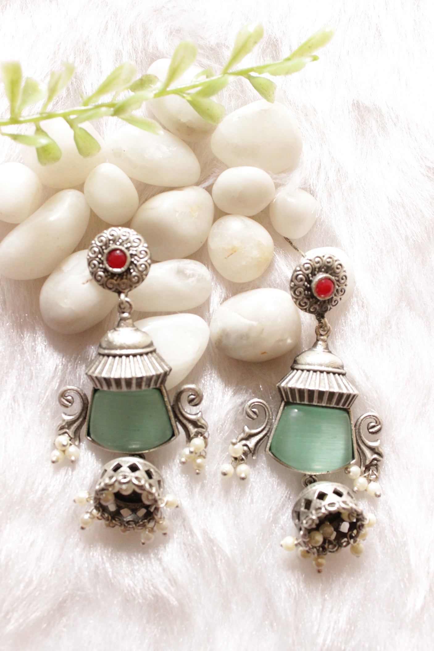 Turquoise Natural Gemstone Embedded Premium Silver Finish Dangler Jhumka Earrings