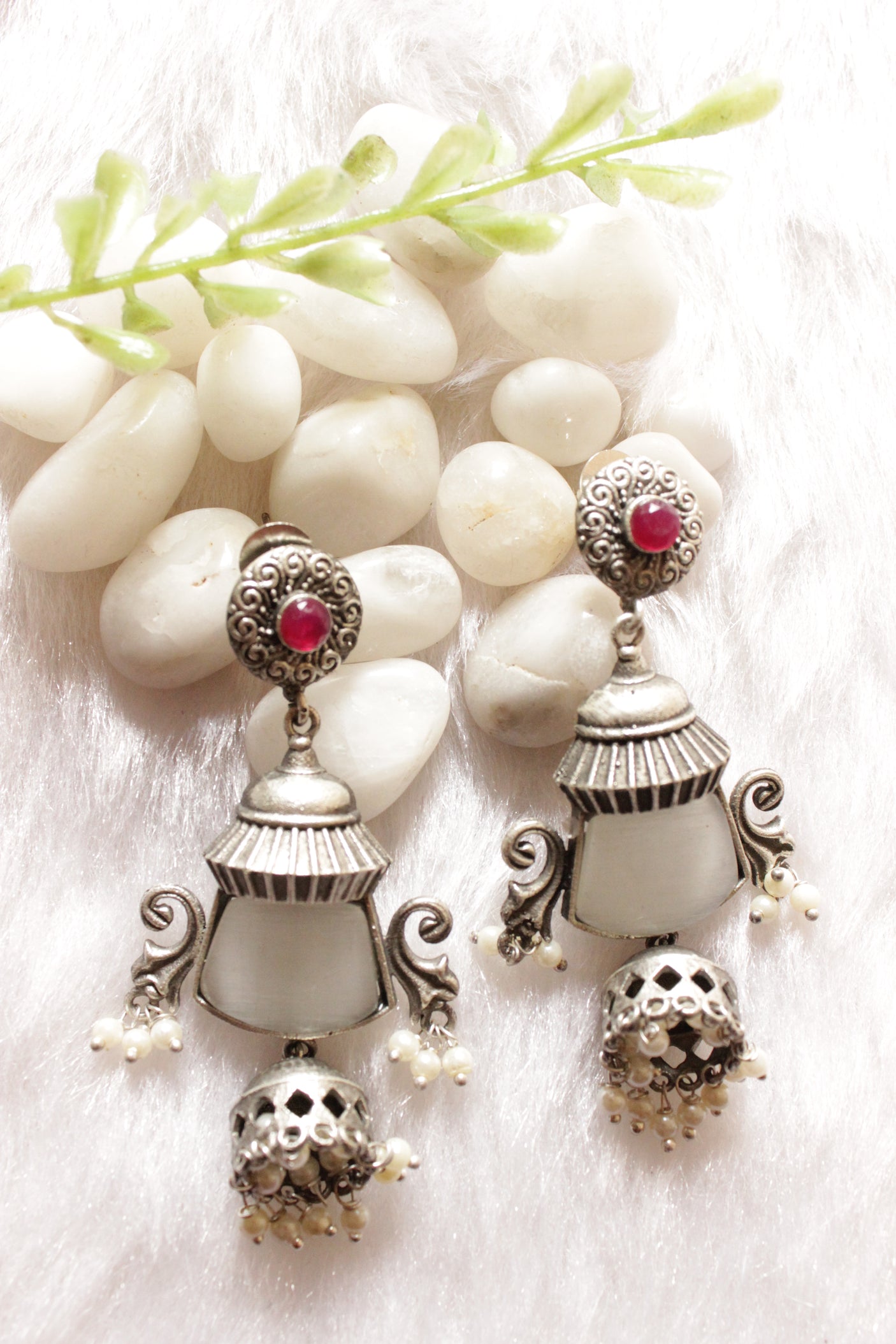 Ivory Natural Gemstone Embedded Premium Silver Finish Dangler Jhumka Earrings