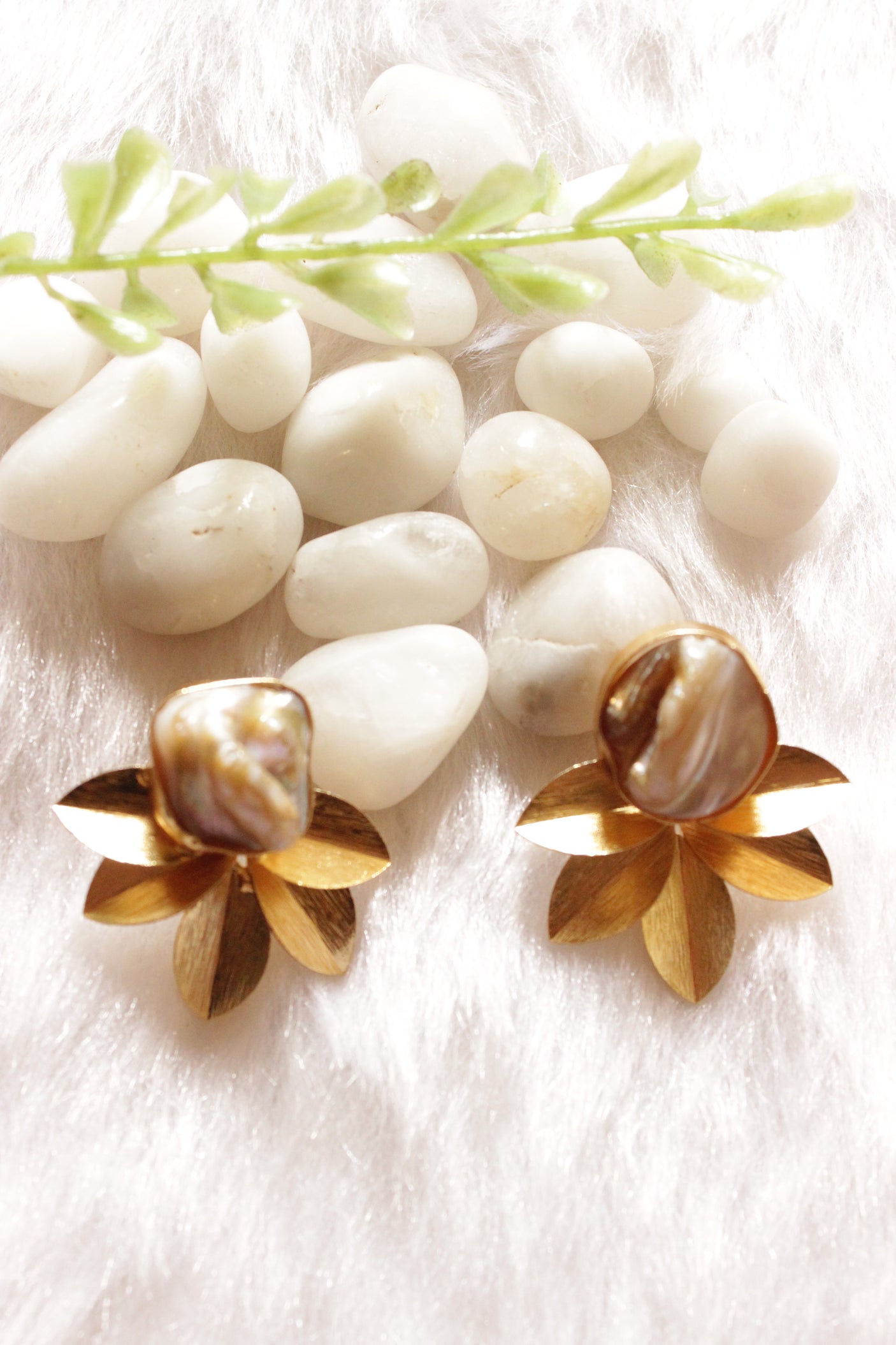 Baroque Pearl Raw Natural Gemstone Embedded Brass Stud Earrings