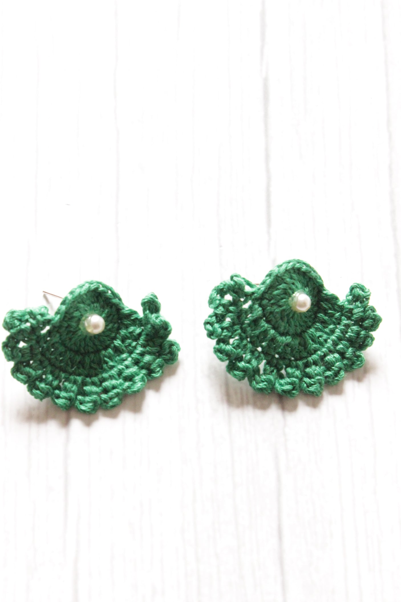 Green Half Moon Shape Handcrafted Crochet Stud Earrings
