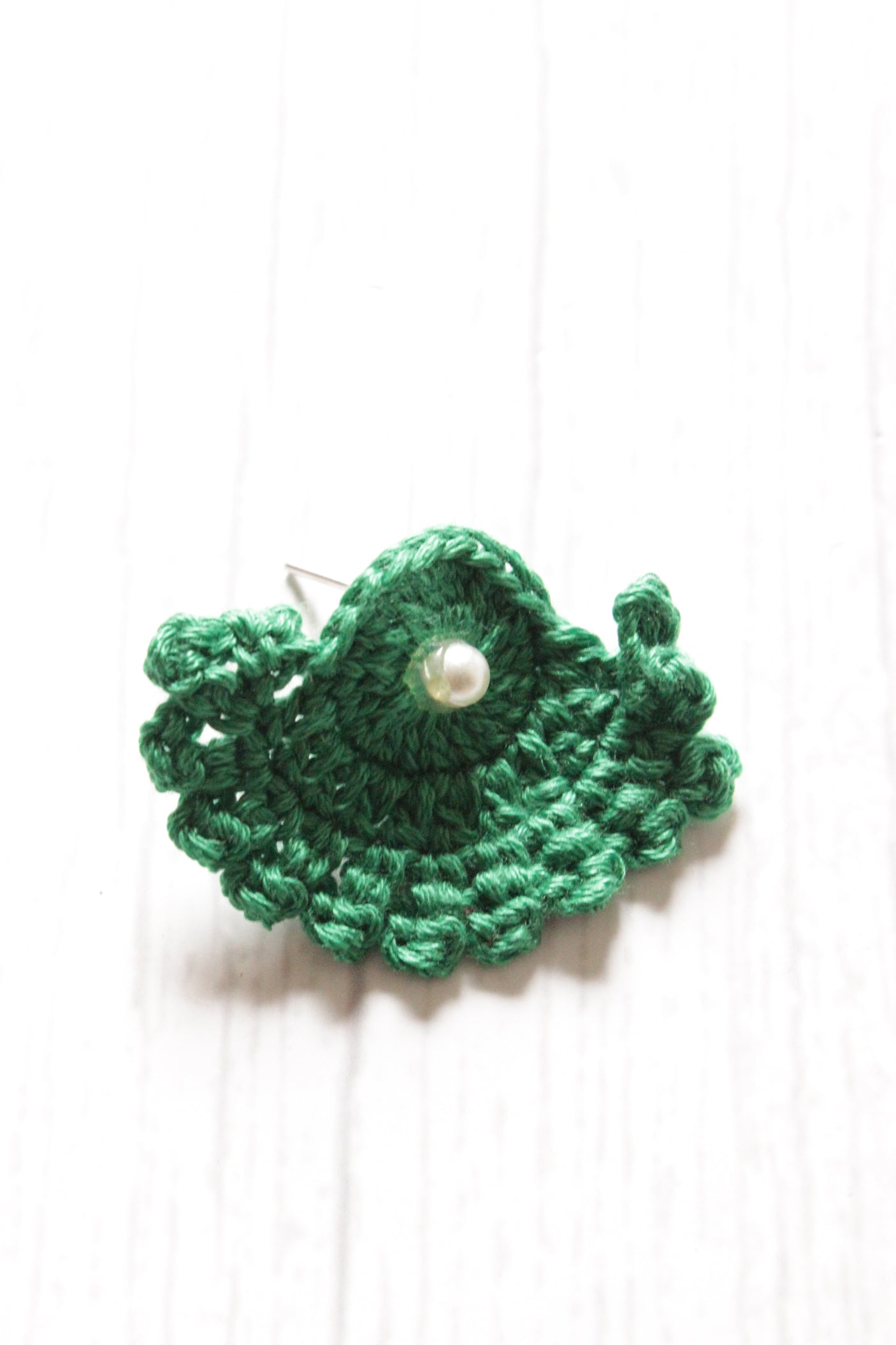Green Half Moon Shape Handcrafted Crochet Stud Earrings