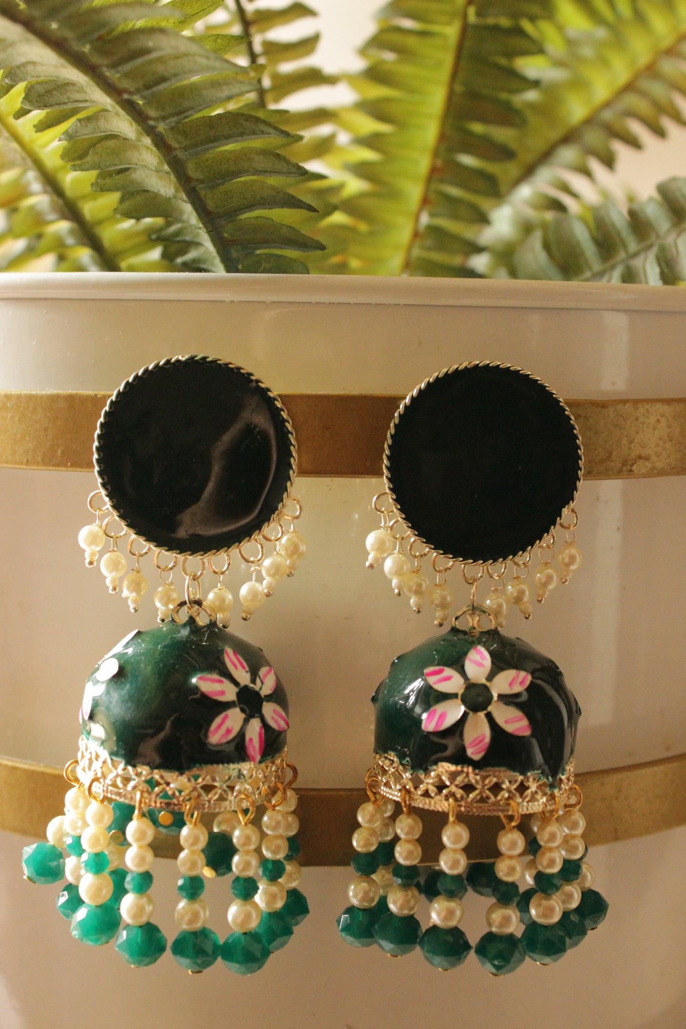 Bottle Green Hand Painted Meenakari Work Gold Toned Hoop Jhumka Earrings Accentuated Stringed Beads Danglers